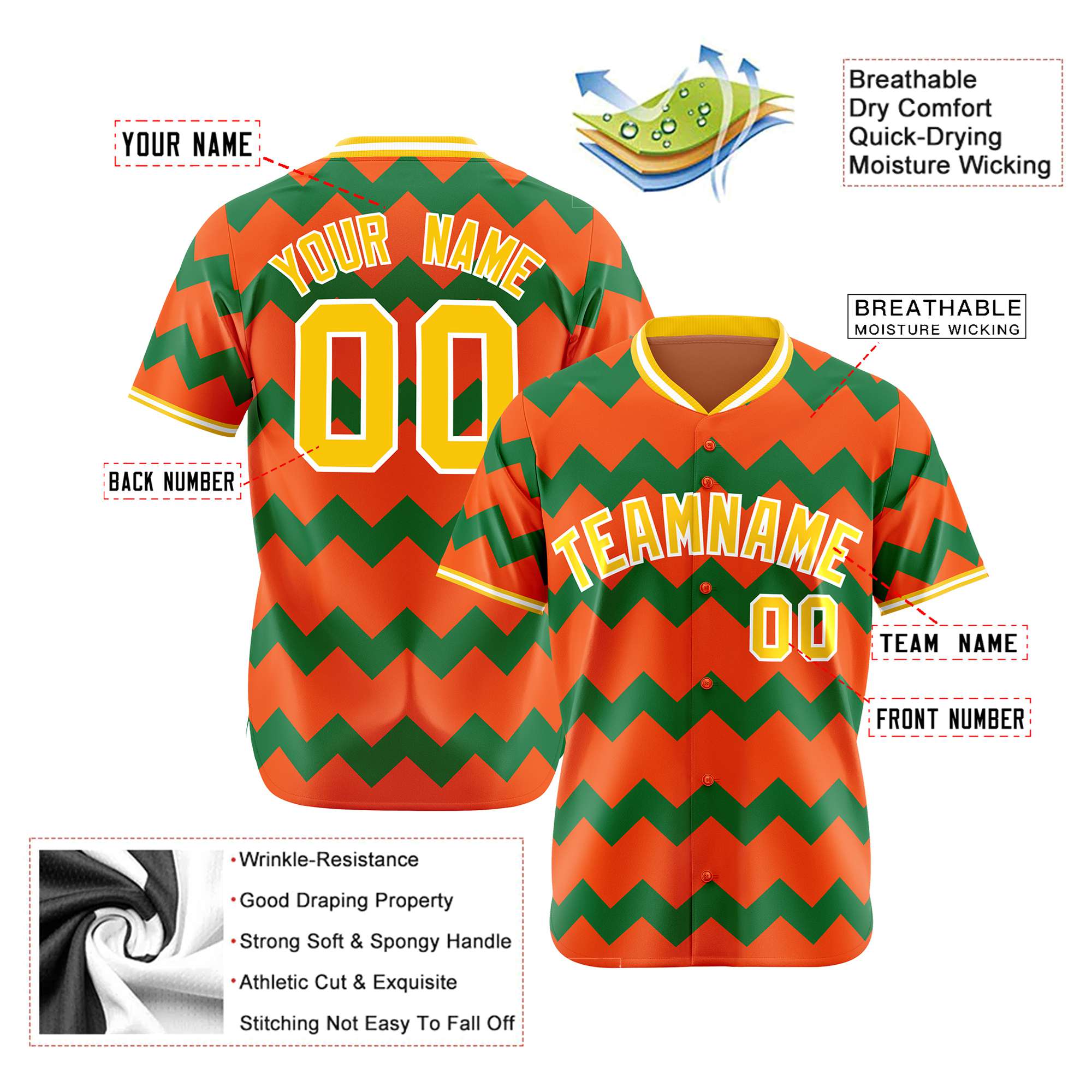 Custom Orange Gold Kelly Green Authentic Corrugated Fashion Baseball Jersey