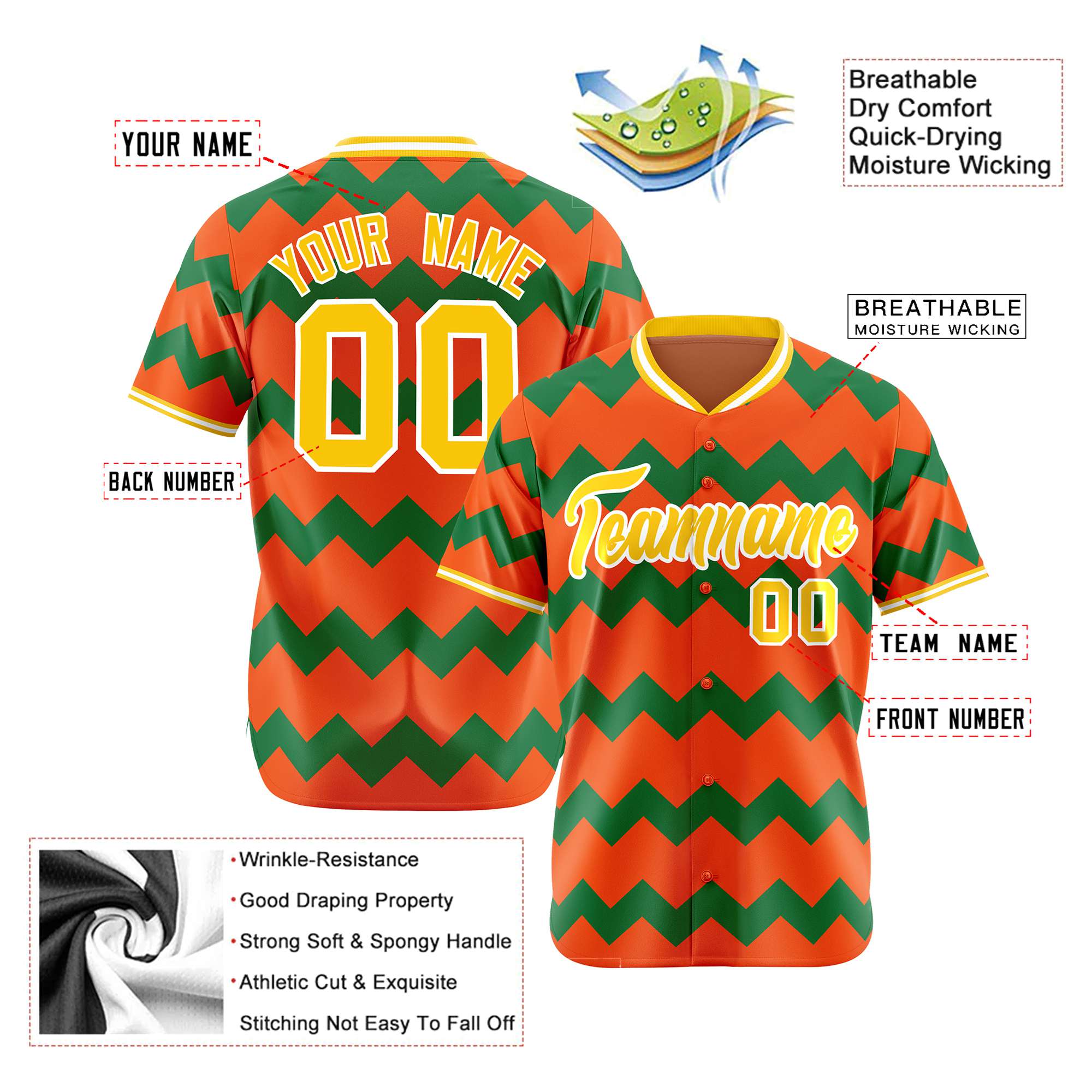 Custom Orange Gold Kelly Green Authentic Corrugated Fashion Baseball Jersey