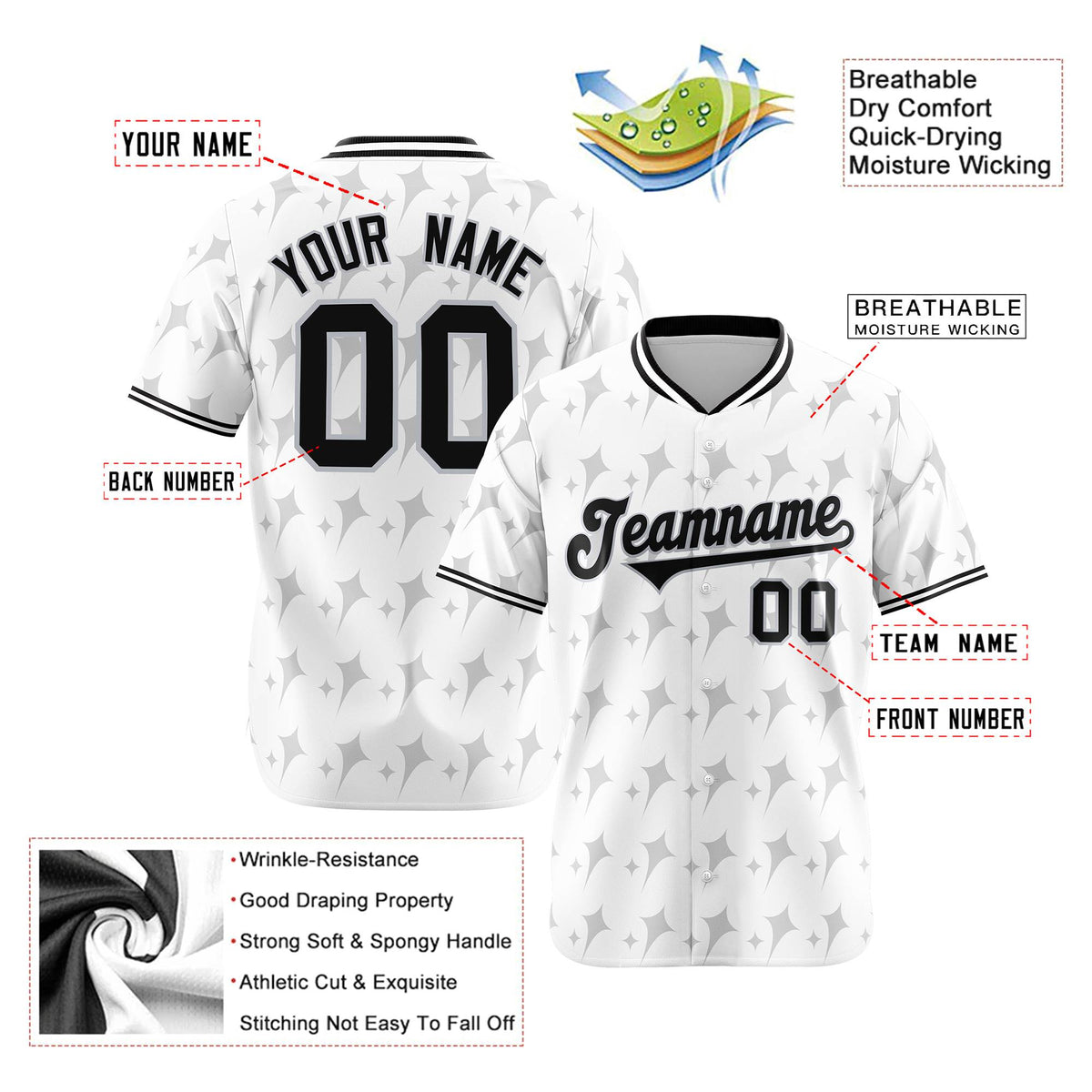 Custom White Gray Black Authentic Four Pointed Baseball Jersey