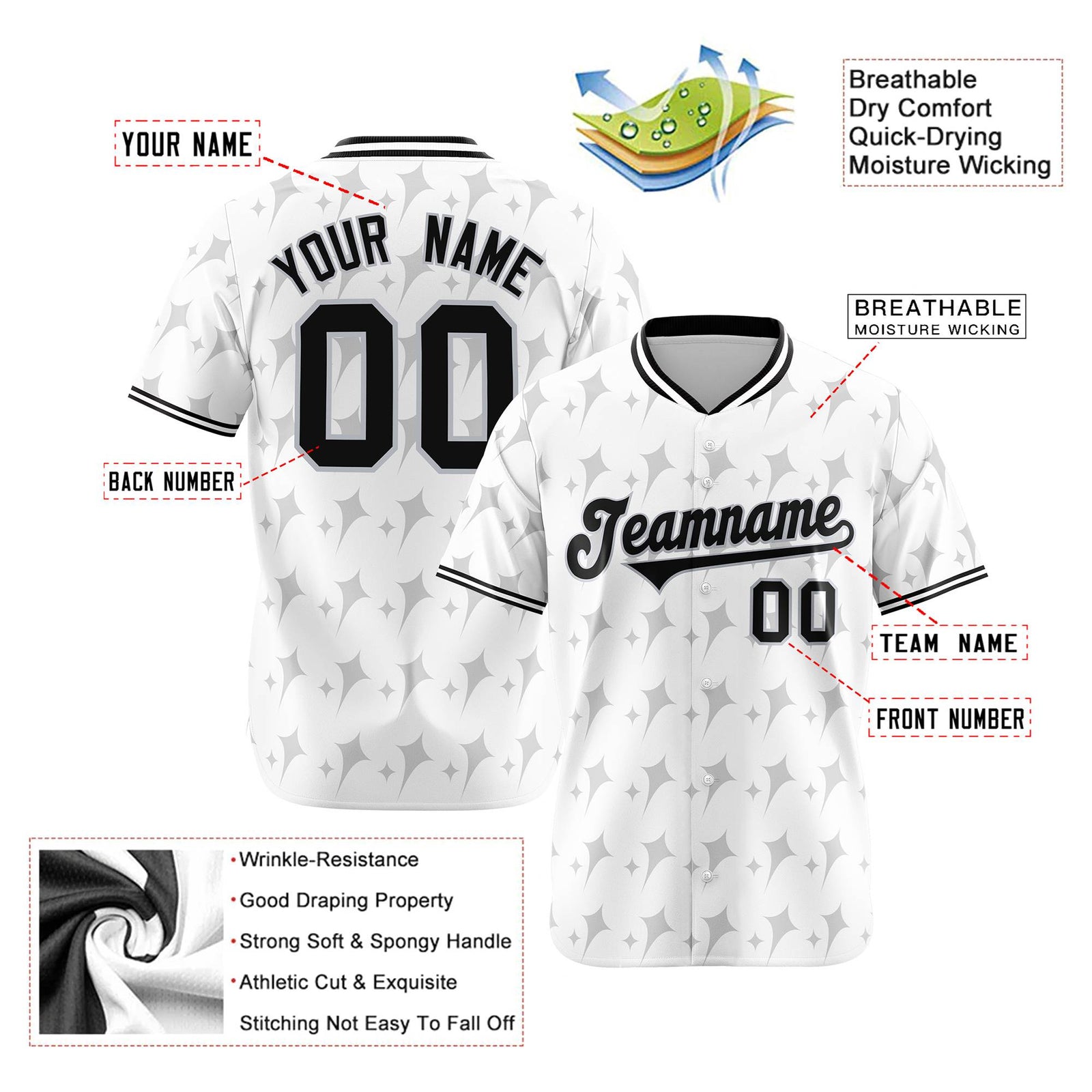 Custom White Gray Black Authentic Four Pointed Baseball Jersey