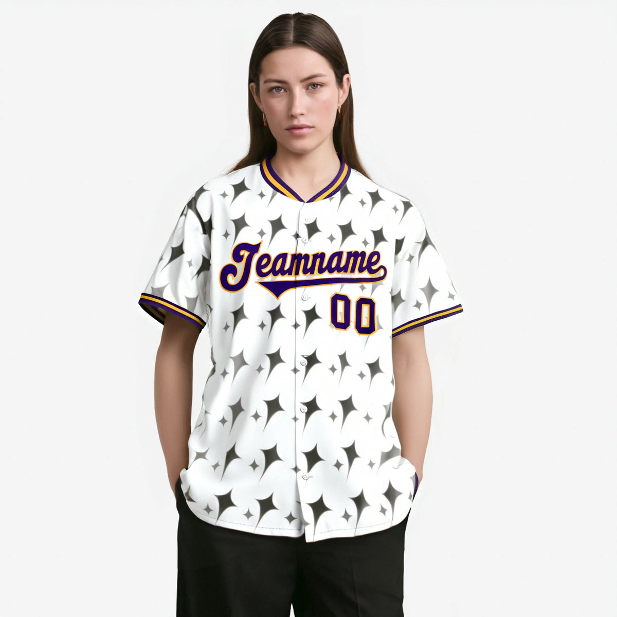 Custom White Purple Gold Authentic Four Pointed Baseball Jersey