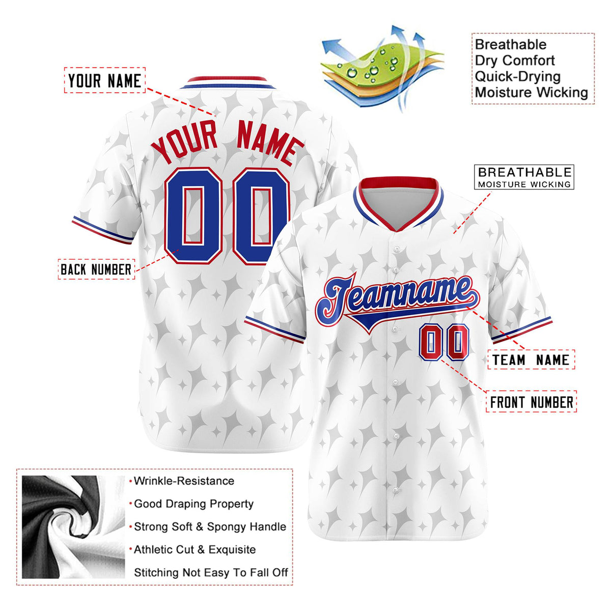 Custom White Royal Blue Red Authentic Four Pointed Baseball Jersey