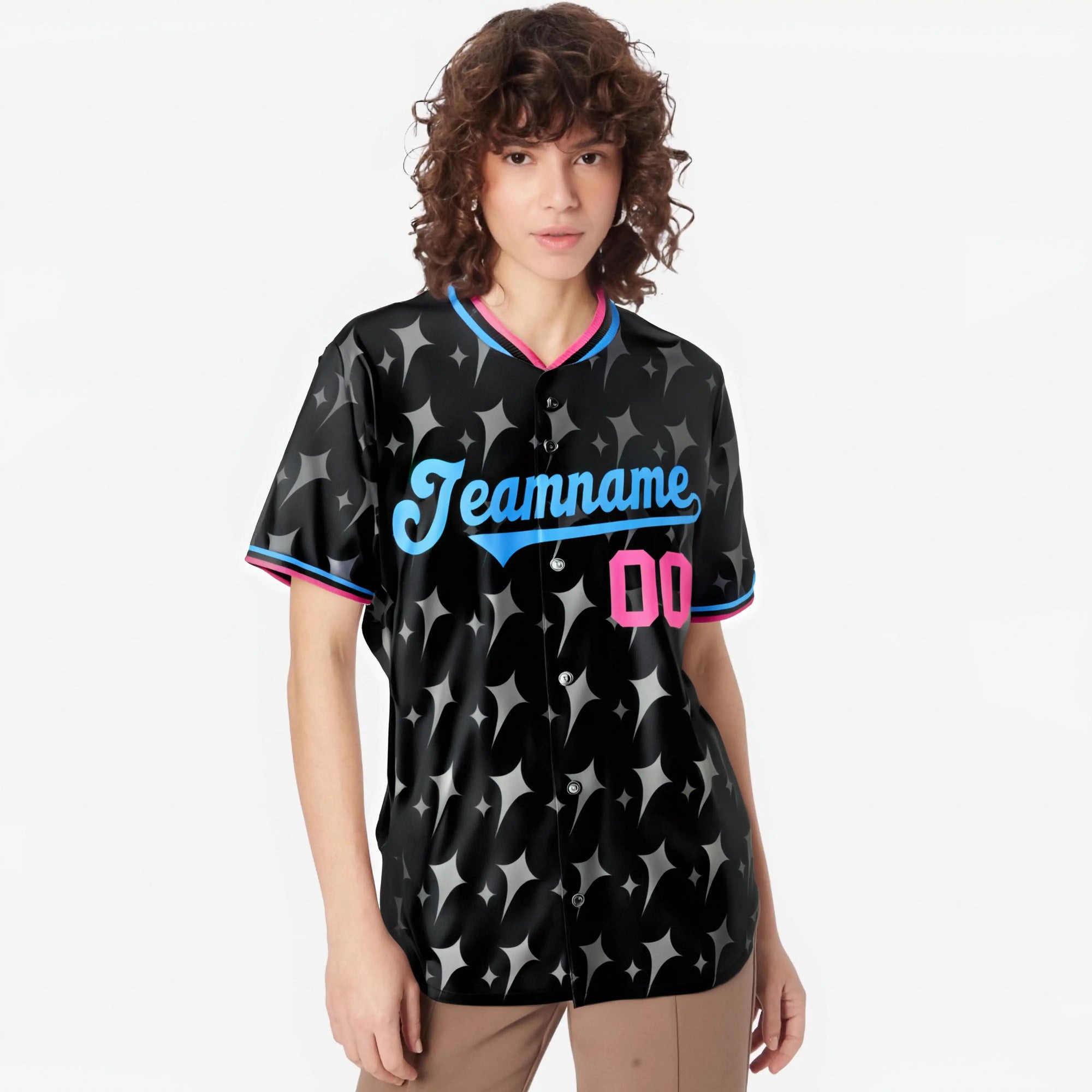 Custom Black Pink Powder Blue Authentic Four Pointed Baseball Jersey