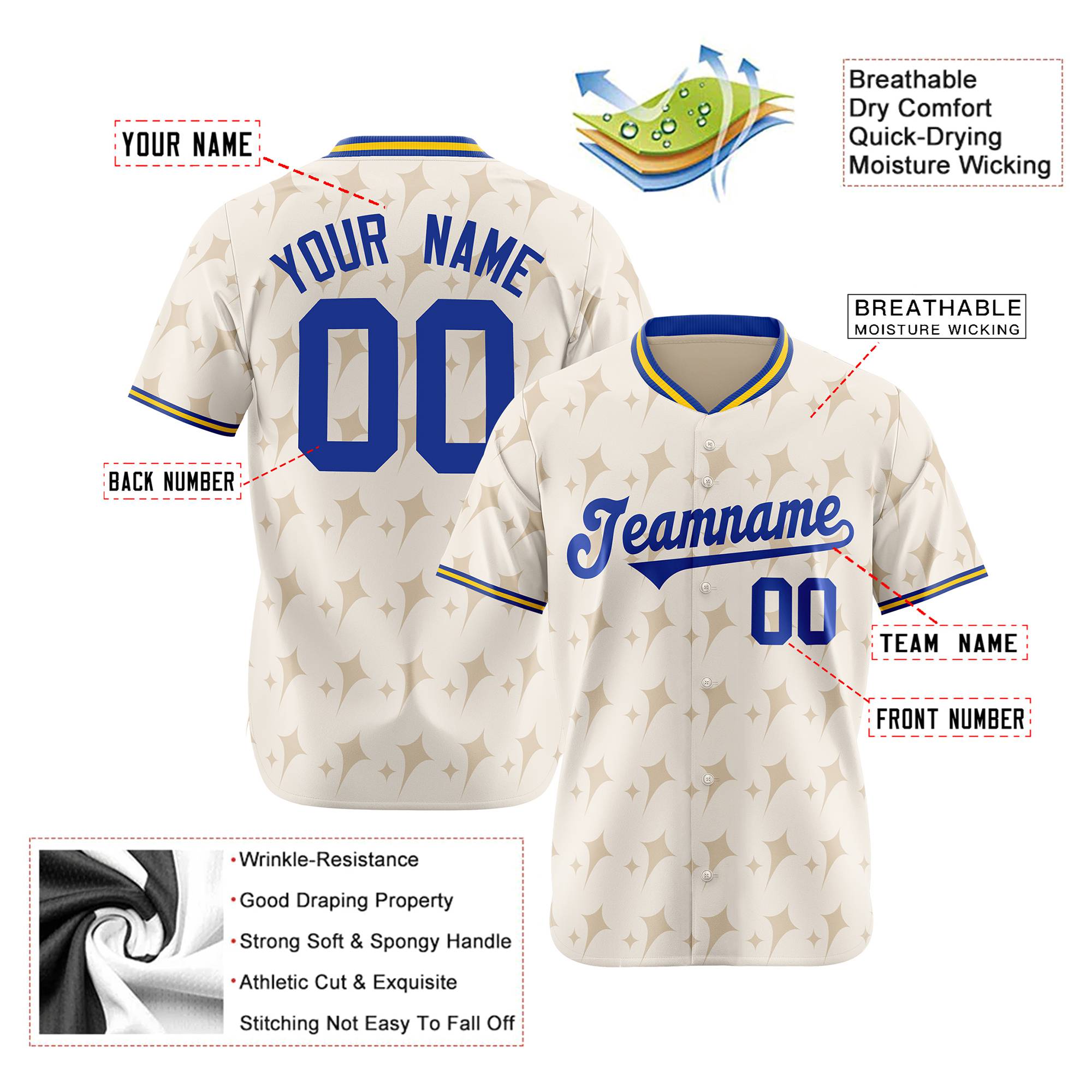 Custom Khaki Royal Blue Gold Authentic Four Pointed Baseball Jersey