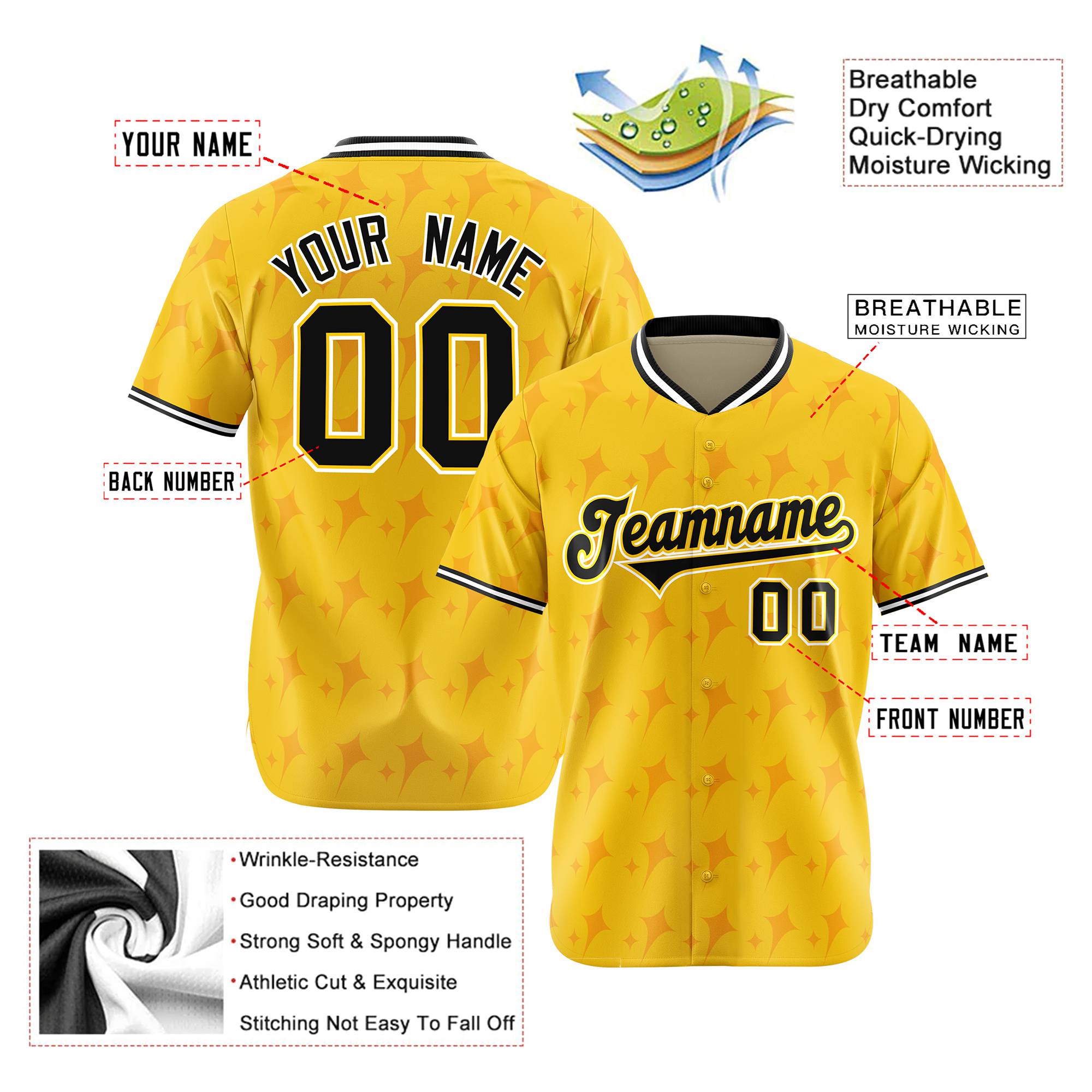 Custom Gold Black White Authentic Four Pointed Baseball Jersey