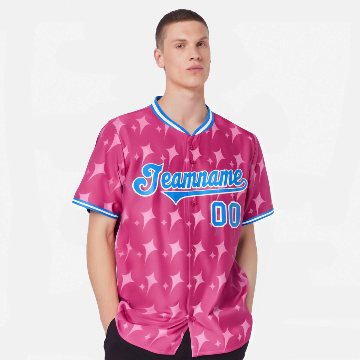 Custom Pink Powder Blue White Authentic Four Pointed Baseball Jersey