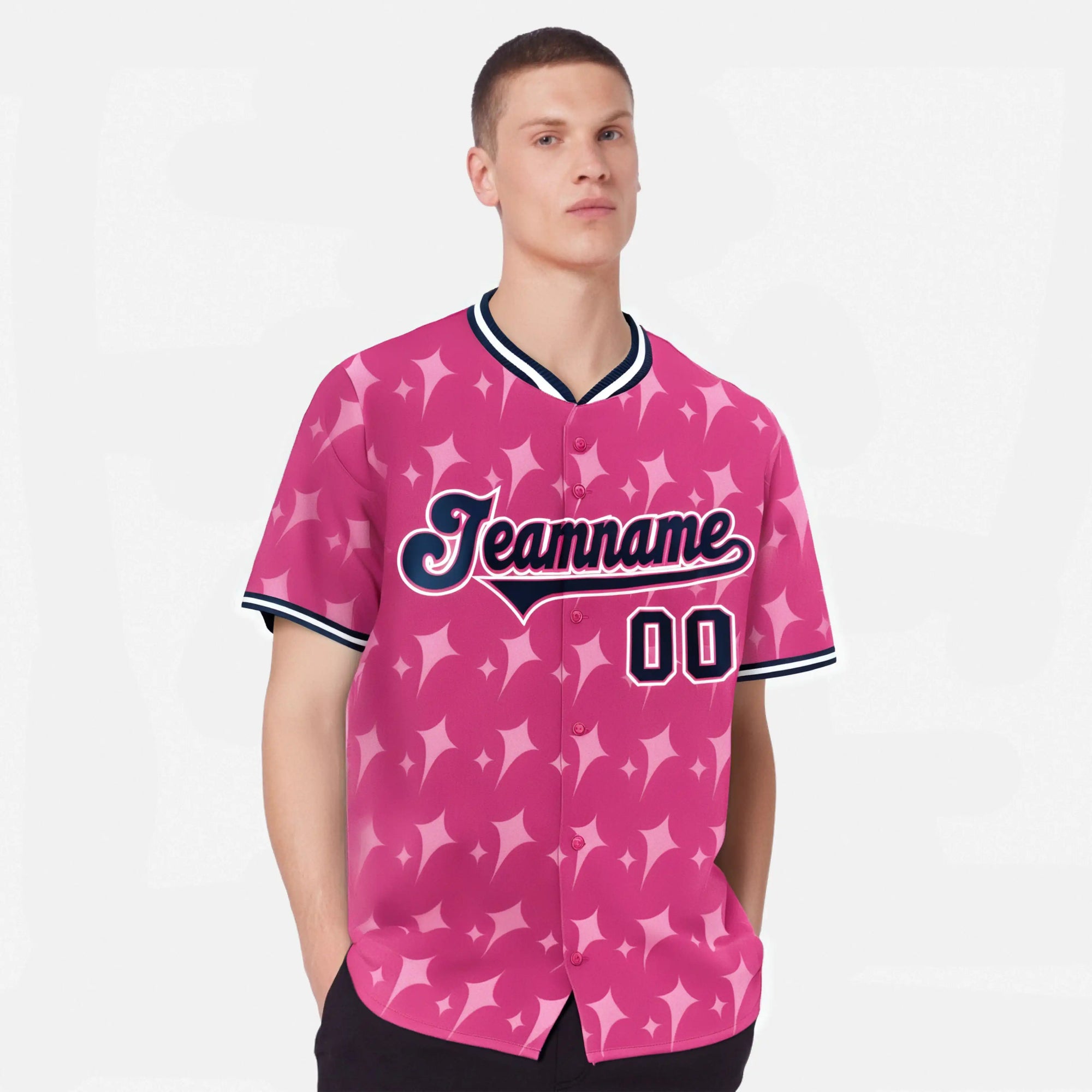 Custom Pink Navy White Authentic Four Pointed Baseball Jersey