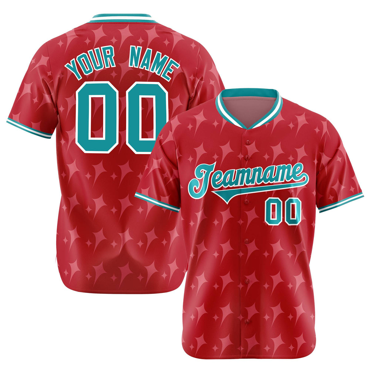 Custom Red Aqua White Authentic Four Pointed Baseball Jersey