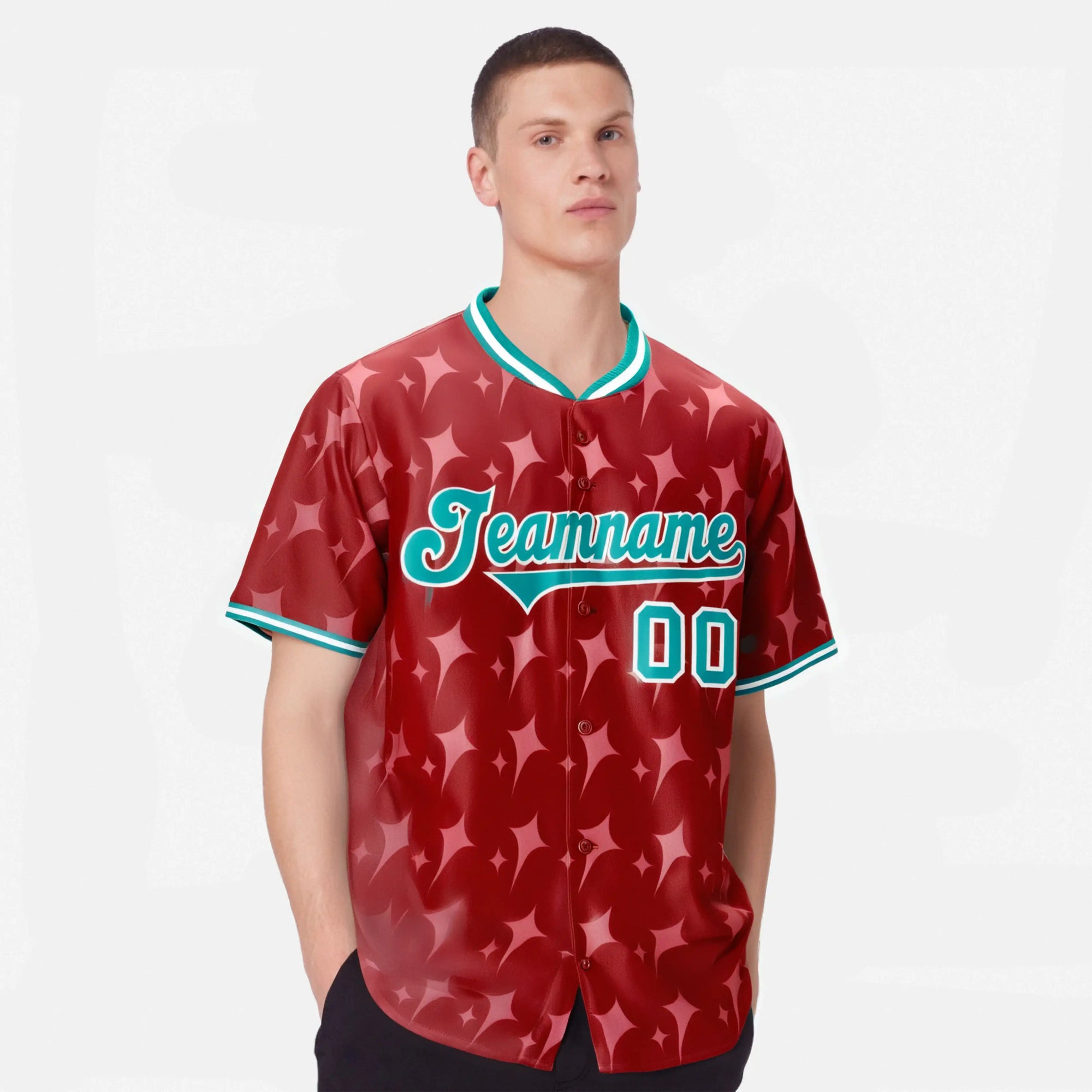 Custom Red Aqua White Authentic Four Pointed Baseball Jersey