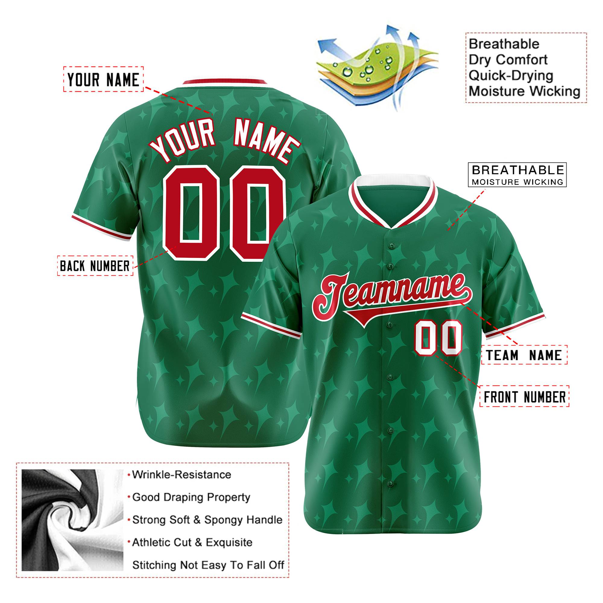 Custom Kelly Green Red White Authentic Four Pointed Baseball Jersey