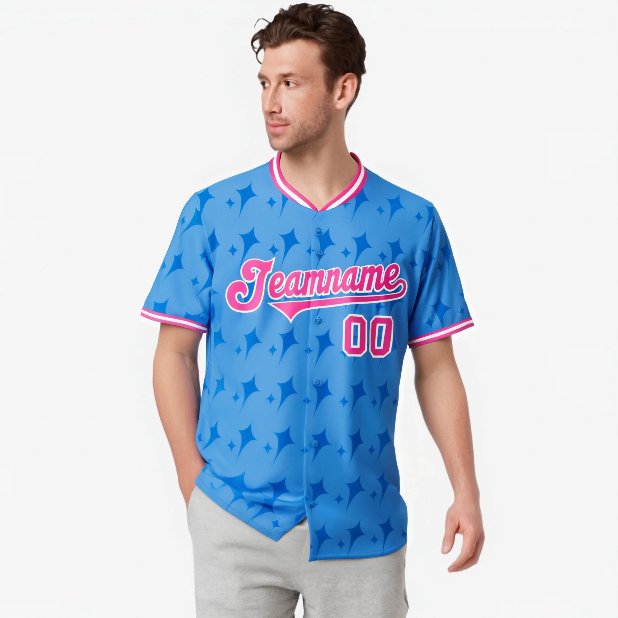 Custom Powder Blue Pink White Authentic Four Pointed Baseball Jersey