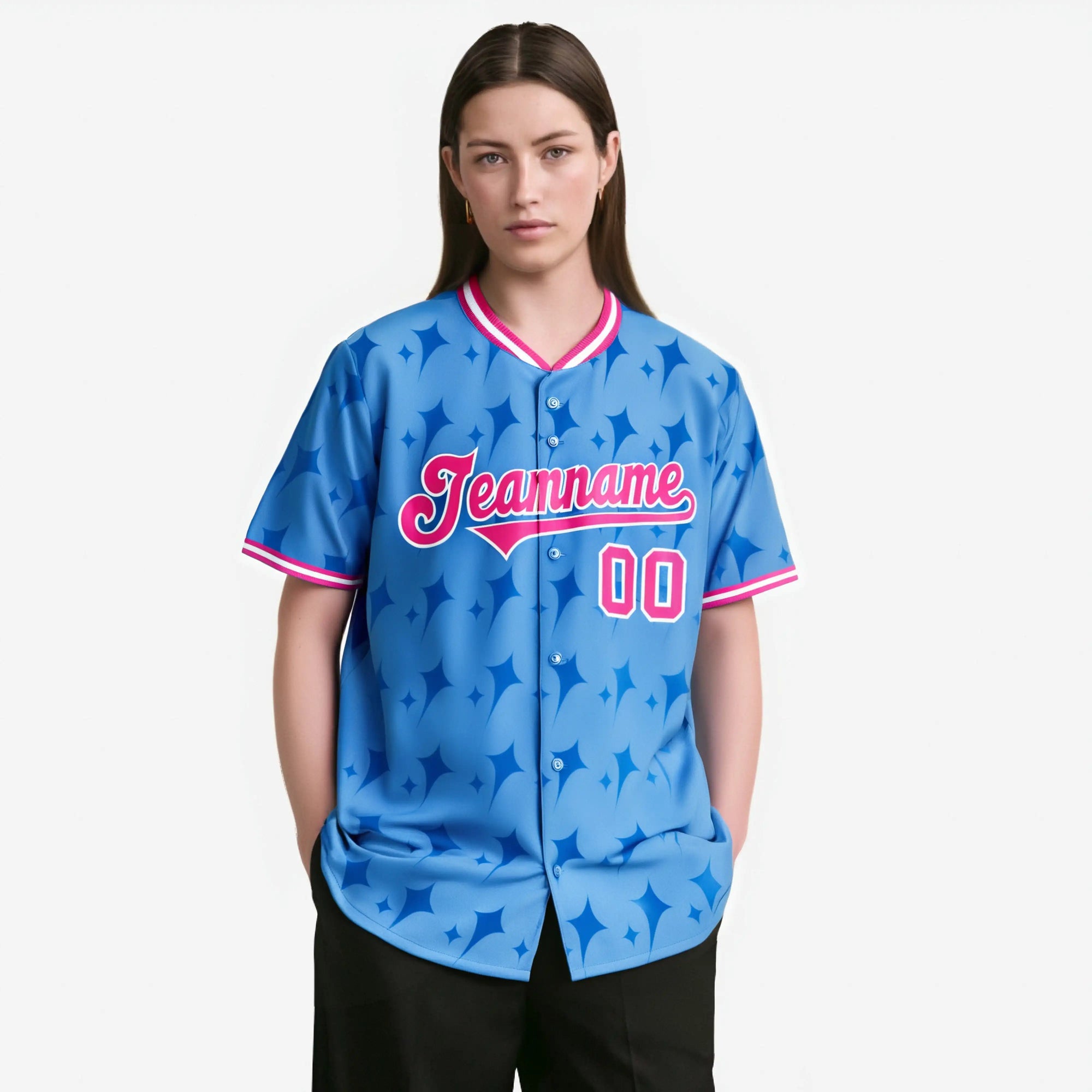 Custom Powder Blue Pink White Authentic Four Pointed Baseball Jersey