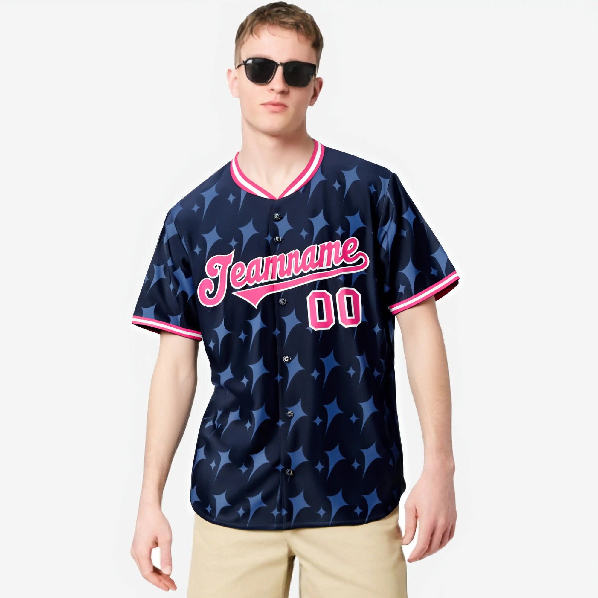 Custom Navy Pink White Authentic Four Pointed Baseball Jersey