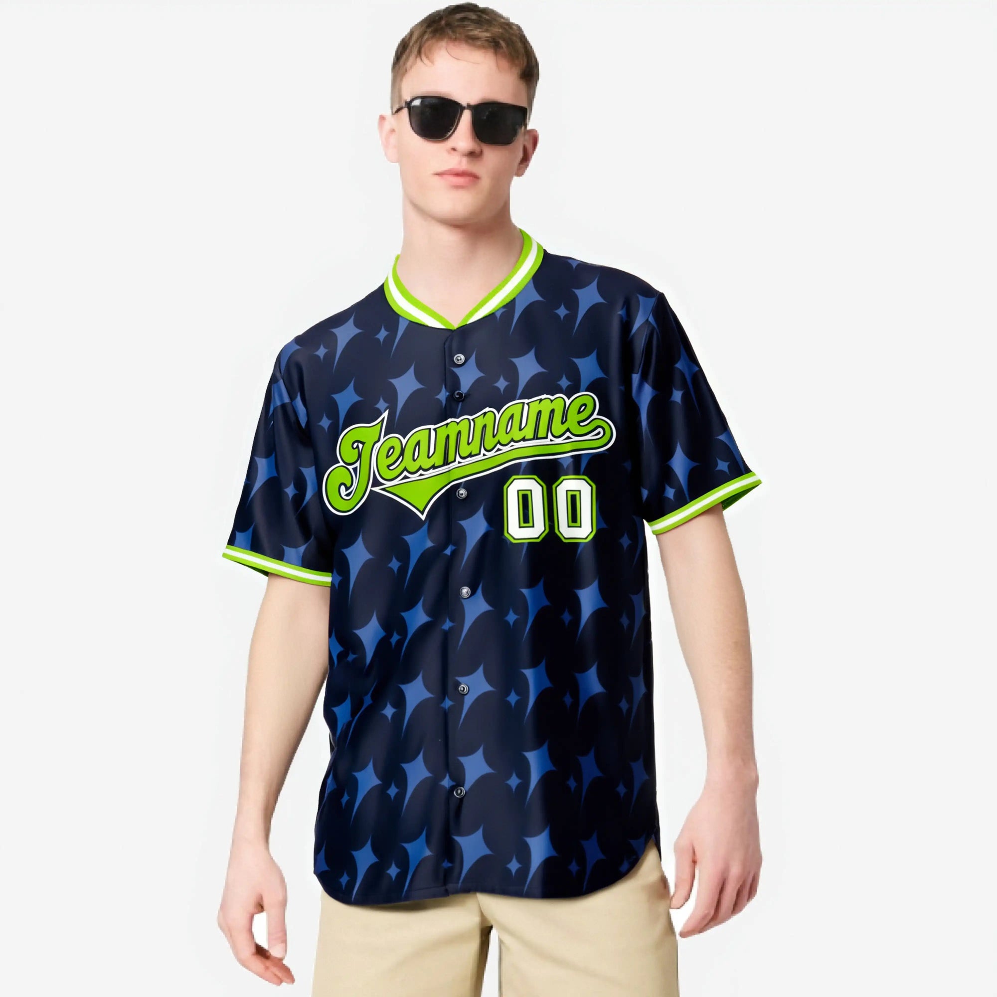 Custom Navy Neon Green White Authentic Four Pointed Baseball Jersey