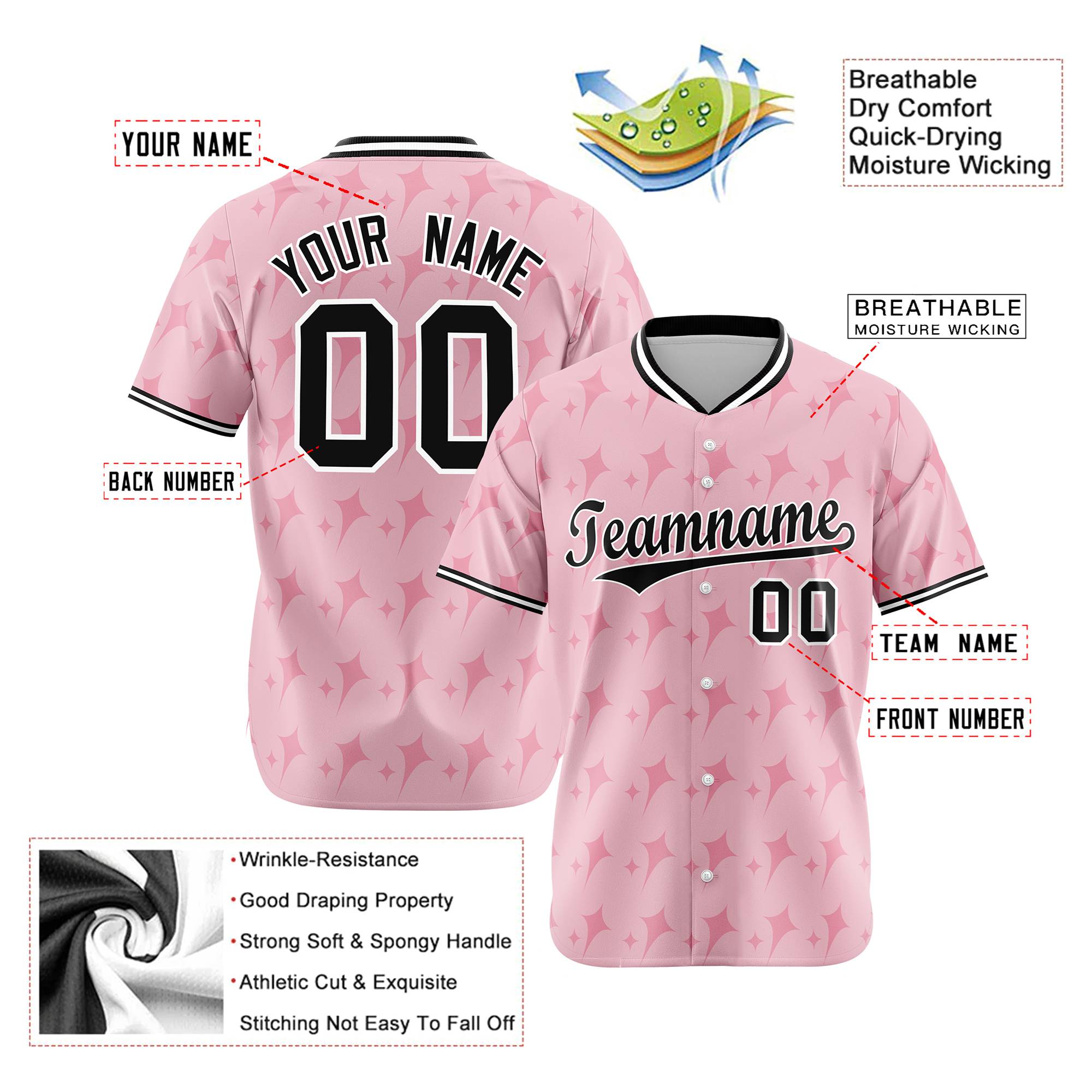 Custom Light Pink Black White Authentic Four Pointed Baseball Jersey