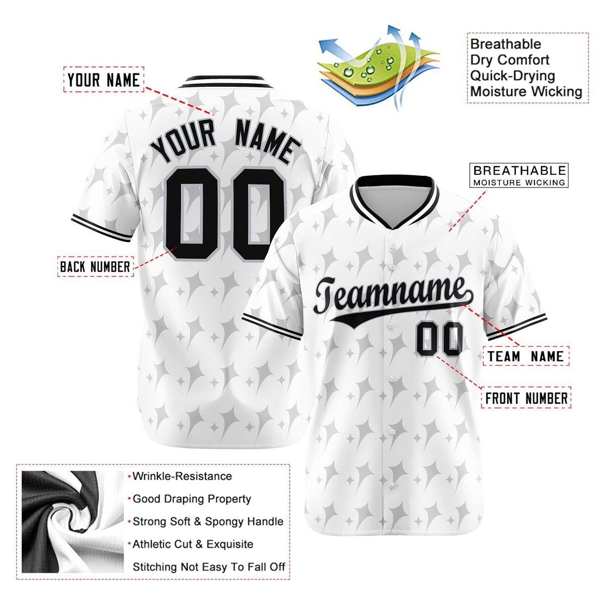 Custom White Gray Black Authentic Four Pointed Baseball Jersey