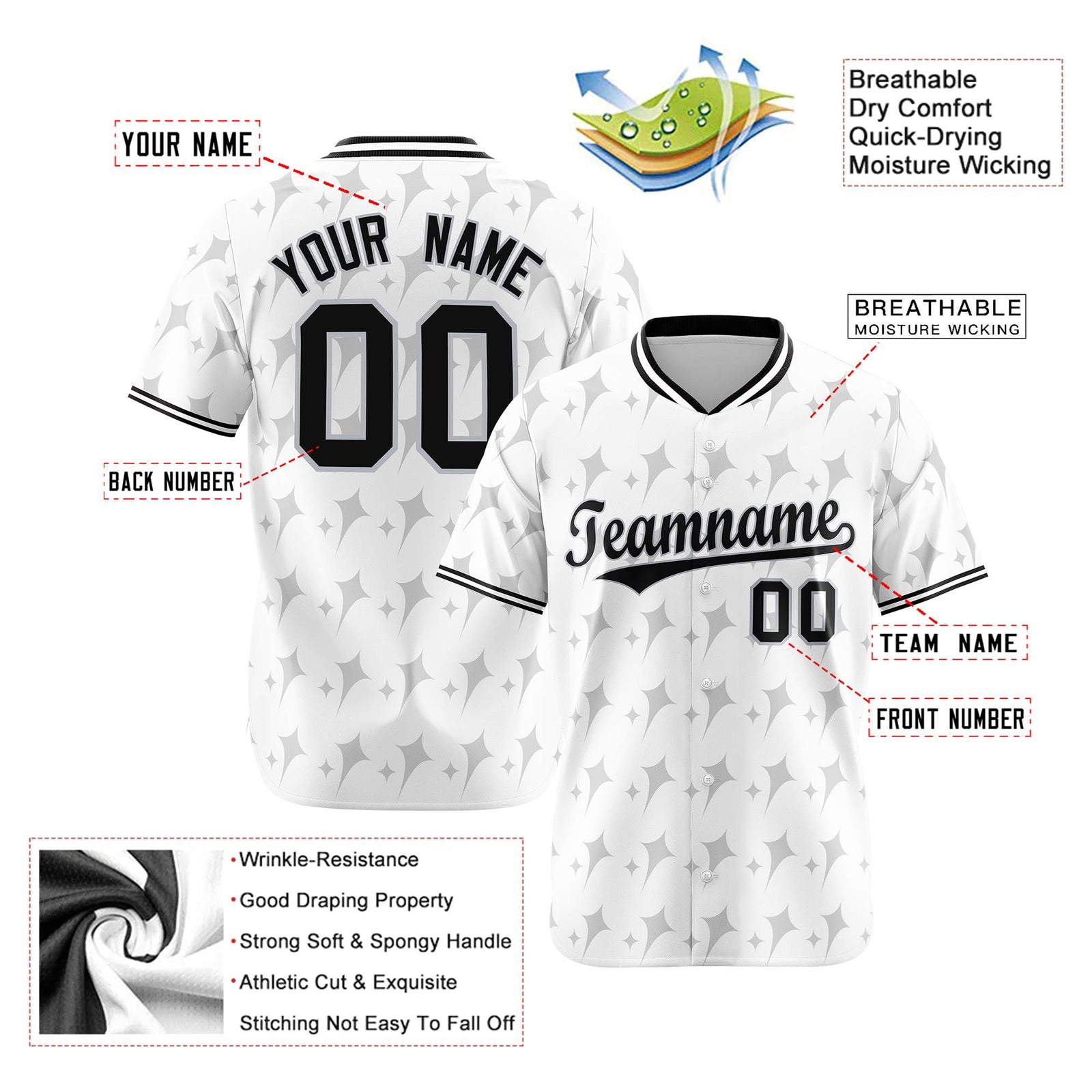 Custom White Gray Black Authentic Four Pointed Baseball Jersey