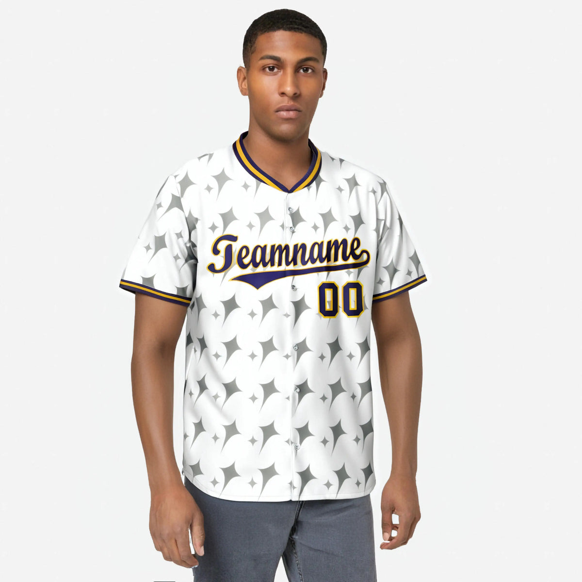 Custom White Purple Gold Authentic Four Pointed Baseball Jersey