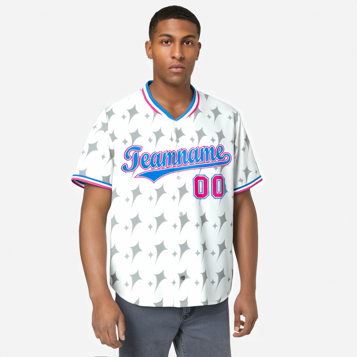 Custom White Powder Blue Pink Authentic Four Pointed Baseball Jersey
