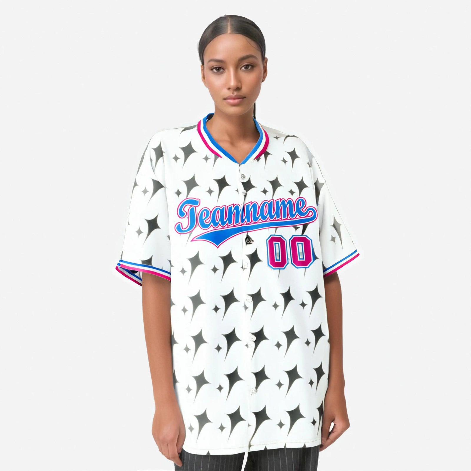 Custom White Powder Blue Pink Authentic Four Pointed Baseball Jersey