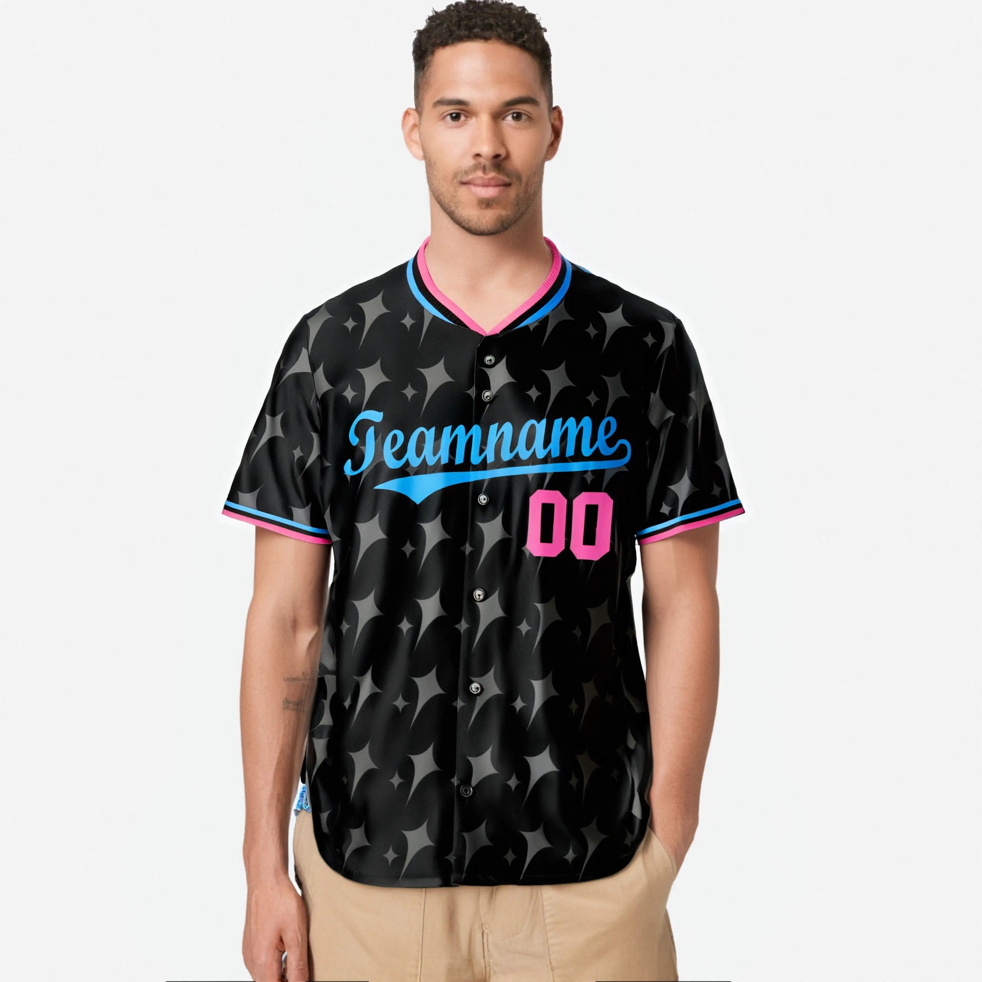 Custom Black Pink Powder Blue Authentic Four Pointed Baseball Jersey