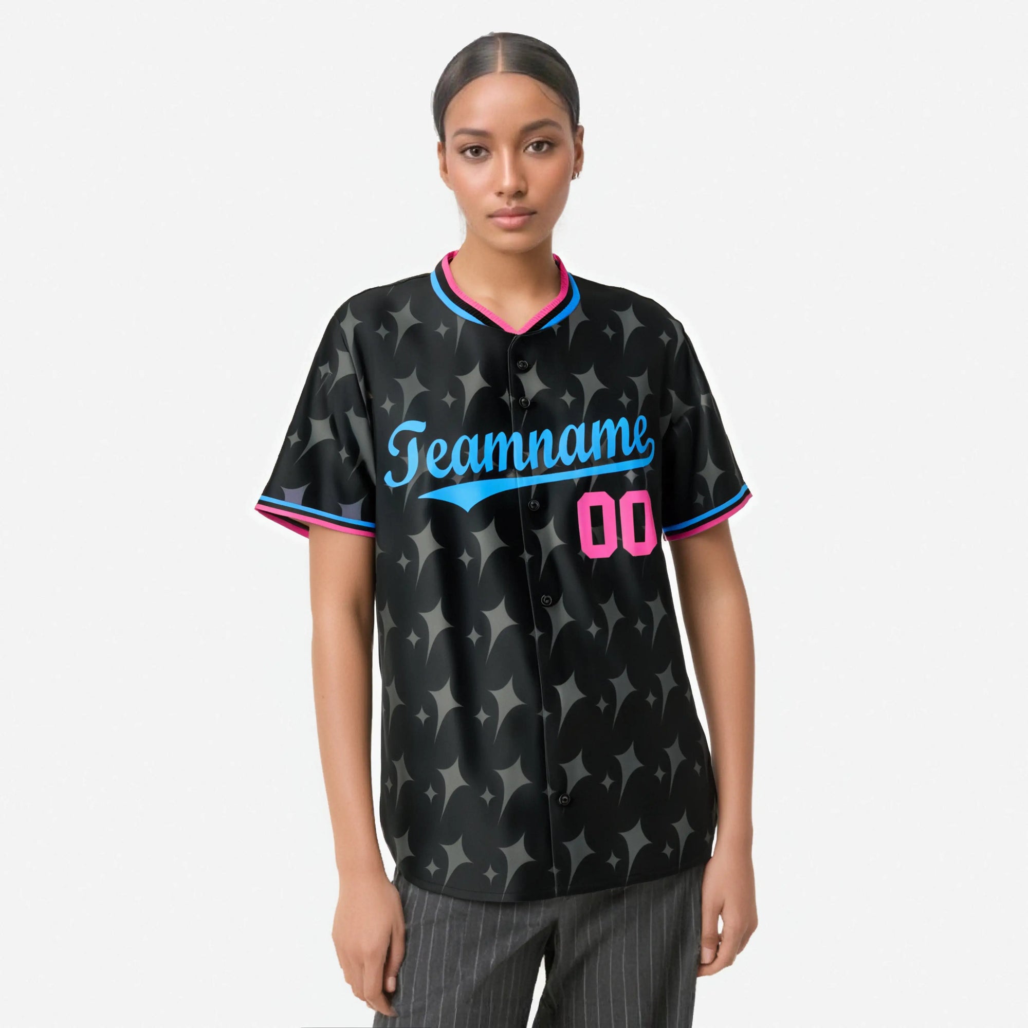 Custom Black Pink Powder Blue Authentic Four Pointed Baseball Jersey