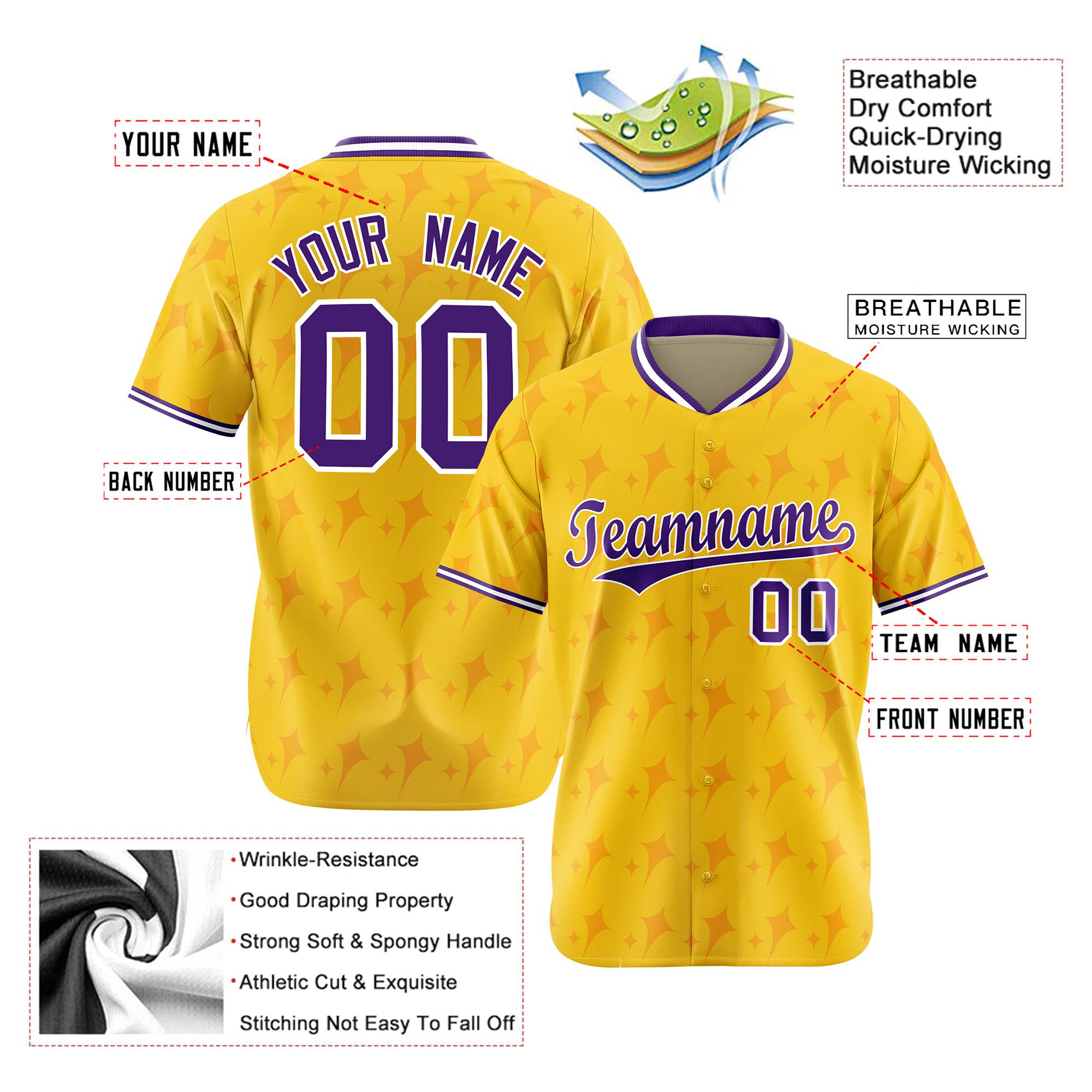 Custom Gold Purple White Authentic Four Pointed Baseball Jersey