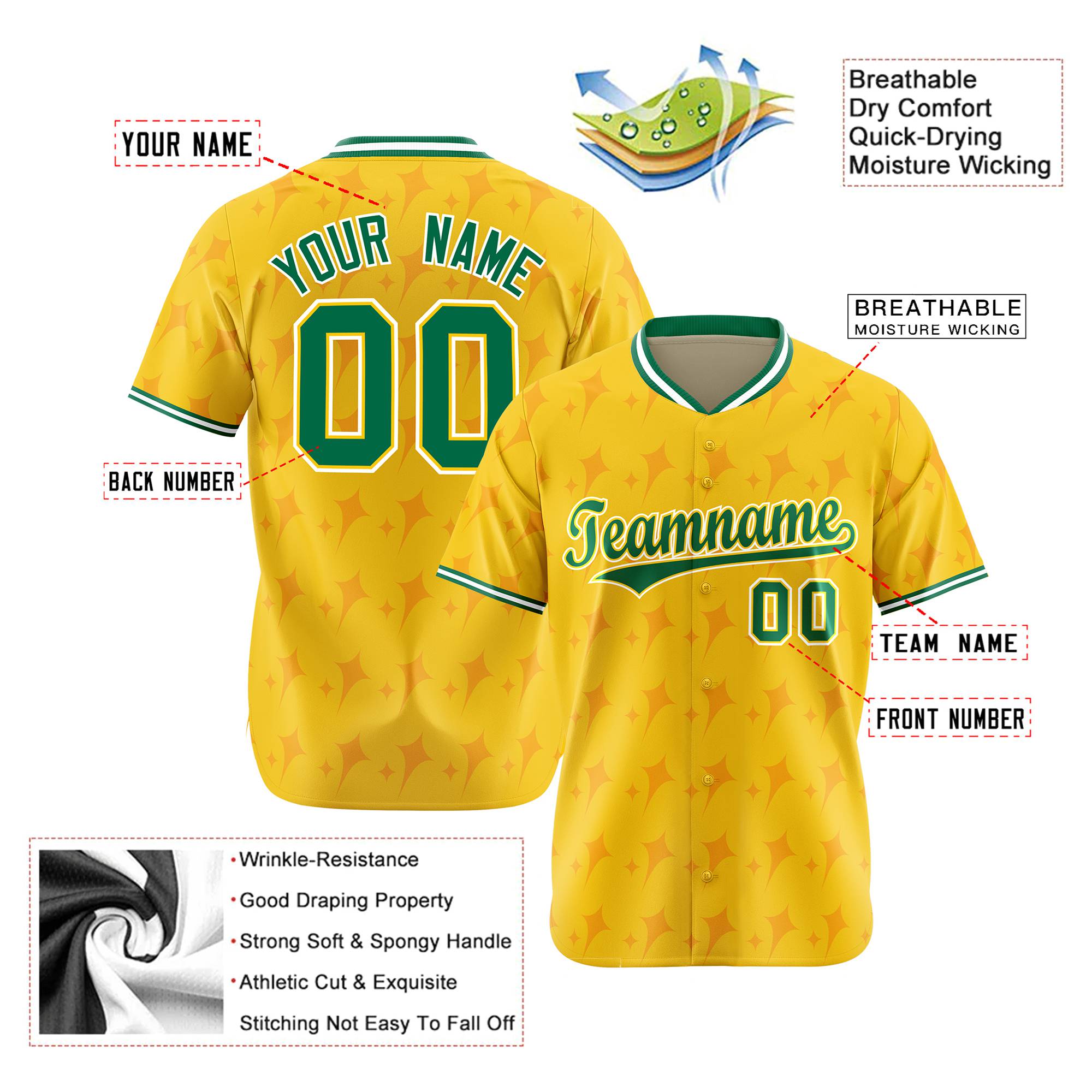 Custom Gold Kelly Green White Authentic Four Pointed Baseball Jersey