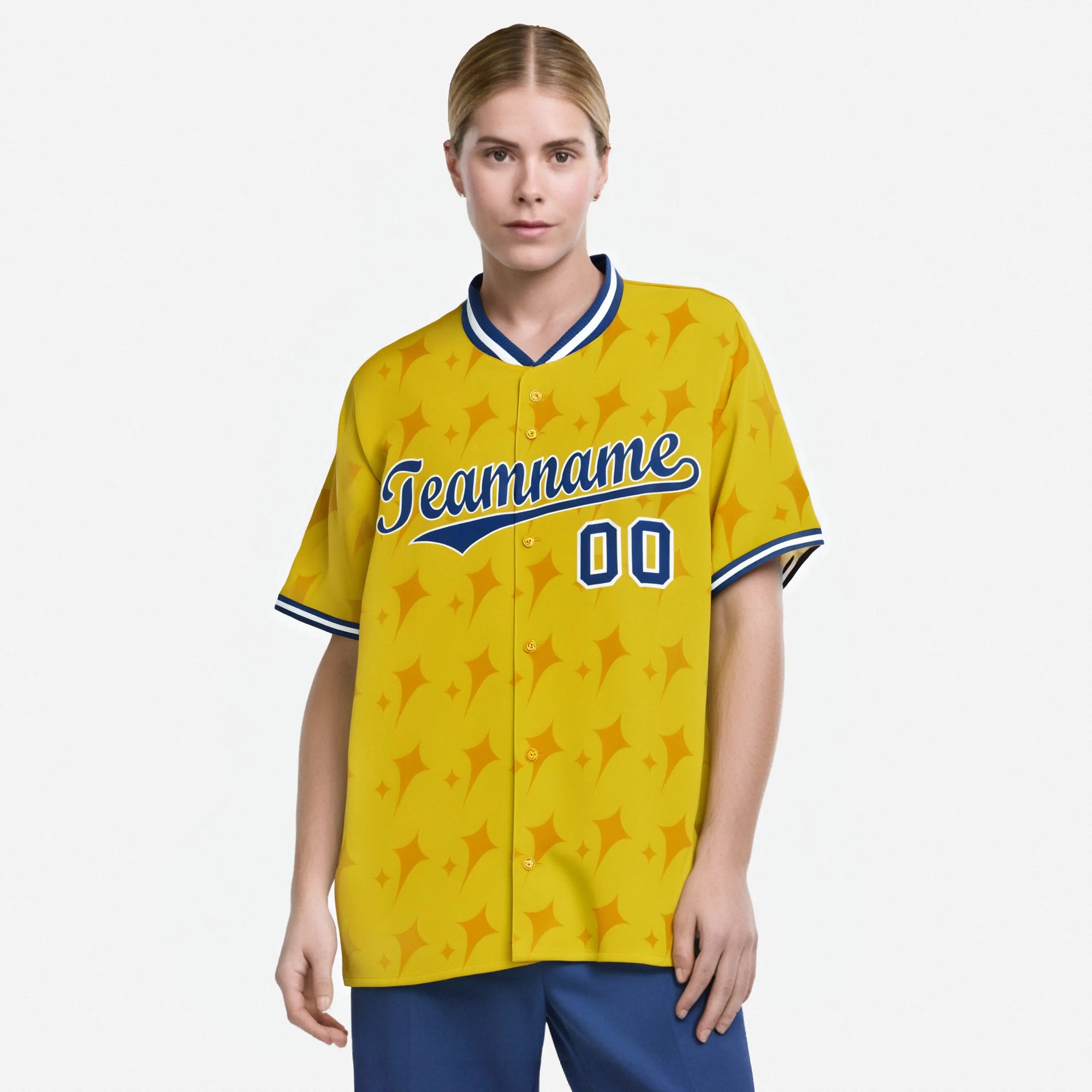 Custom Gold Royal Blue White Authentic Four Pointed Baseball Jersey