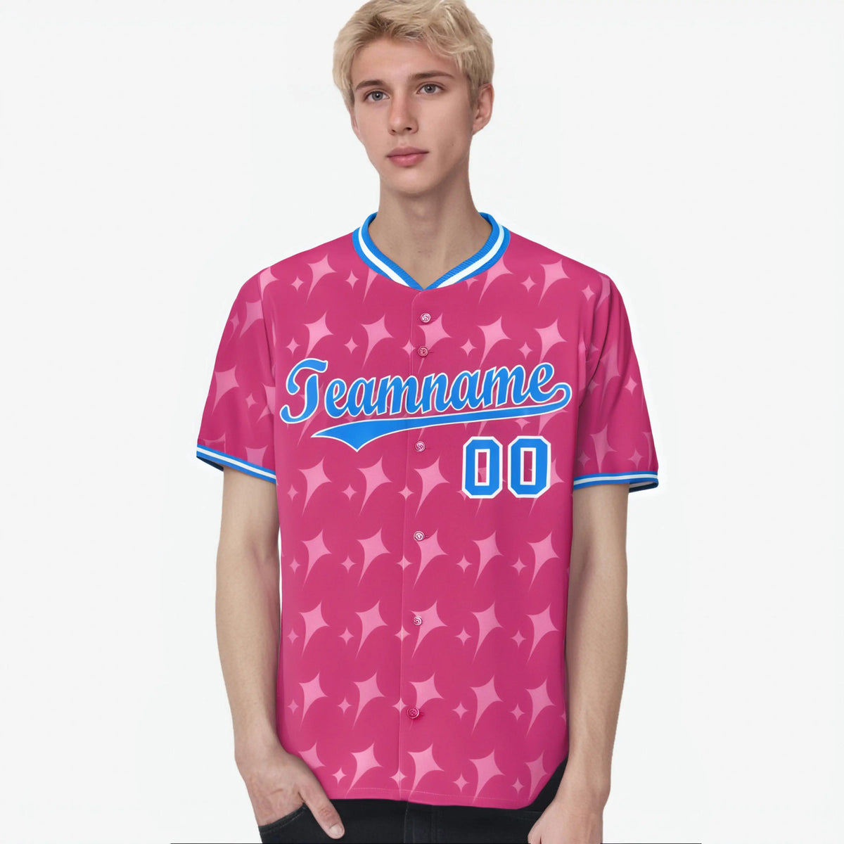 Custom Pink Powder Blue White Authentic Four Pointed Baseball Jersey