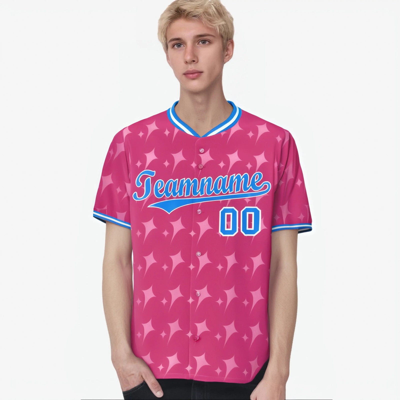Custom Pink Powder Blue White Authentic Four Pointed Baseball Jersey
