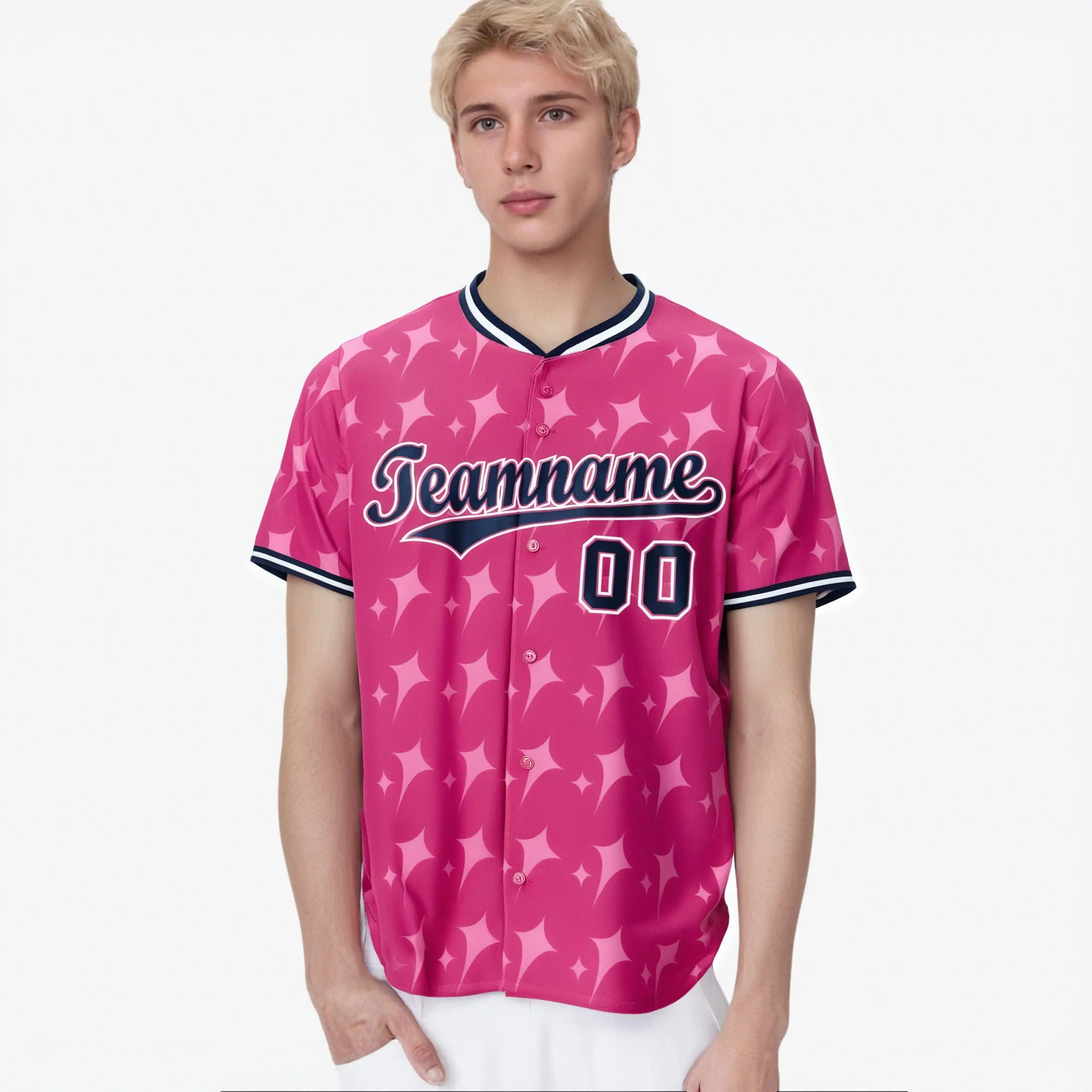 Custom Pink Navy White Authentic Four Pointed Baseball Jersey