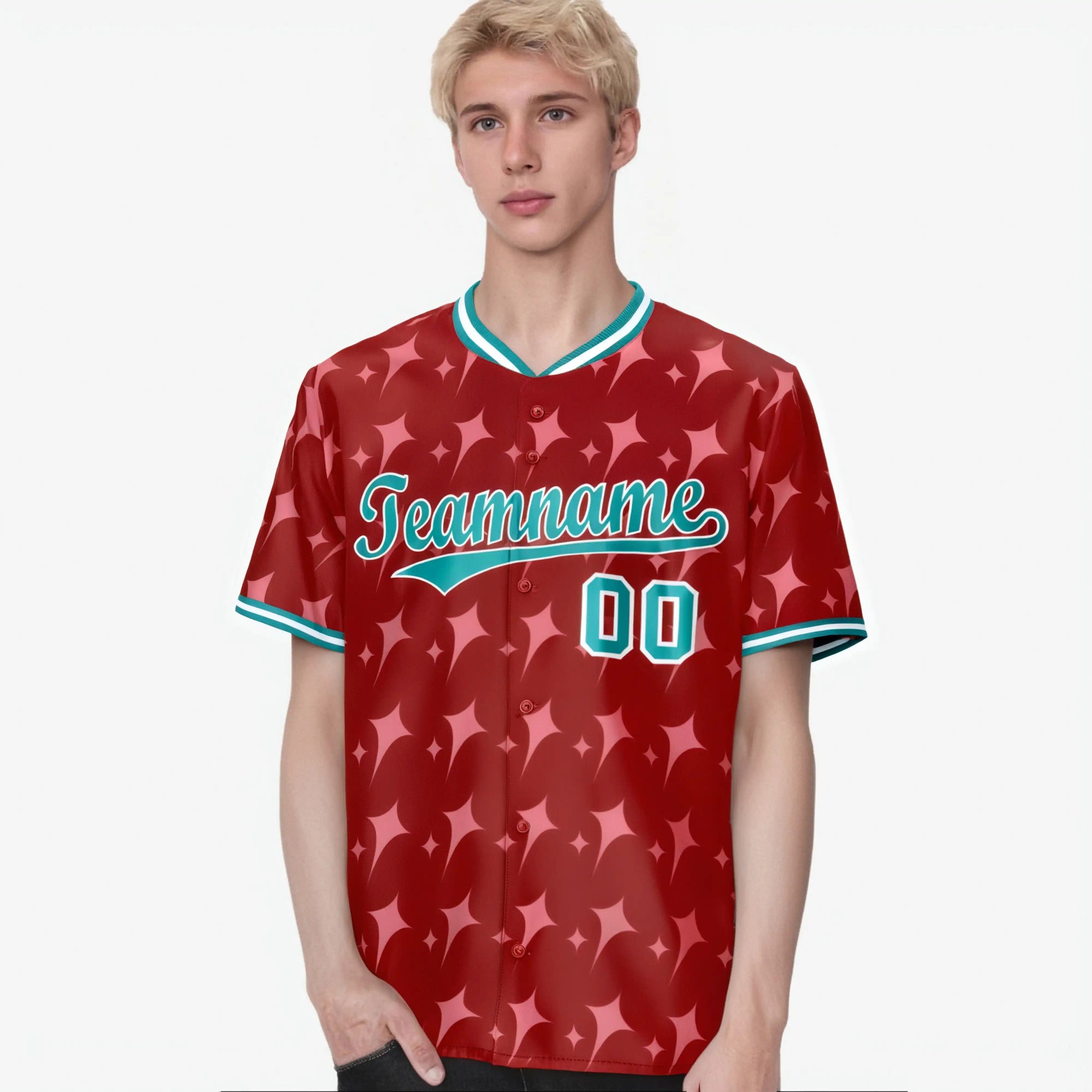 Custom Red Aqua White Authentic Four Pointed Baseball Jersey