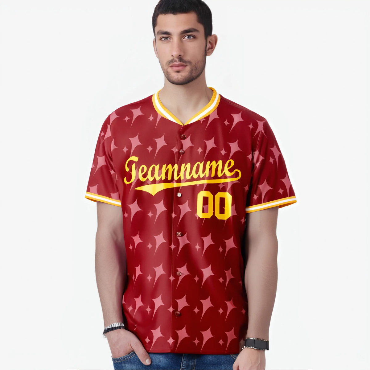 Custom Red Gold White Authentic Four Pointed Baseball Jersey