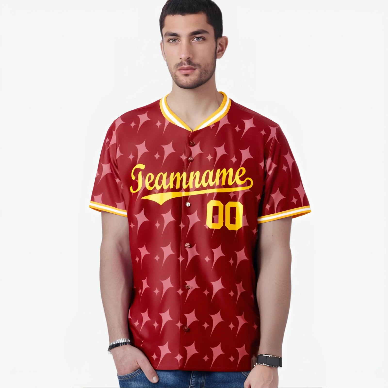 Custom Red Gold White Authentic Four Pointed Baseball Jersey
