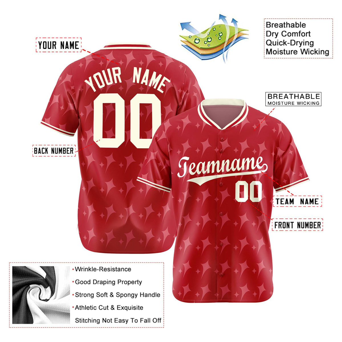 Custom Red Cream Authentic Four Pointed Baseball Jersey
