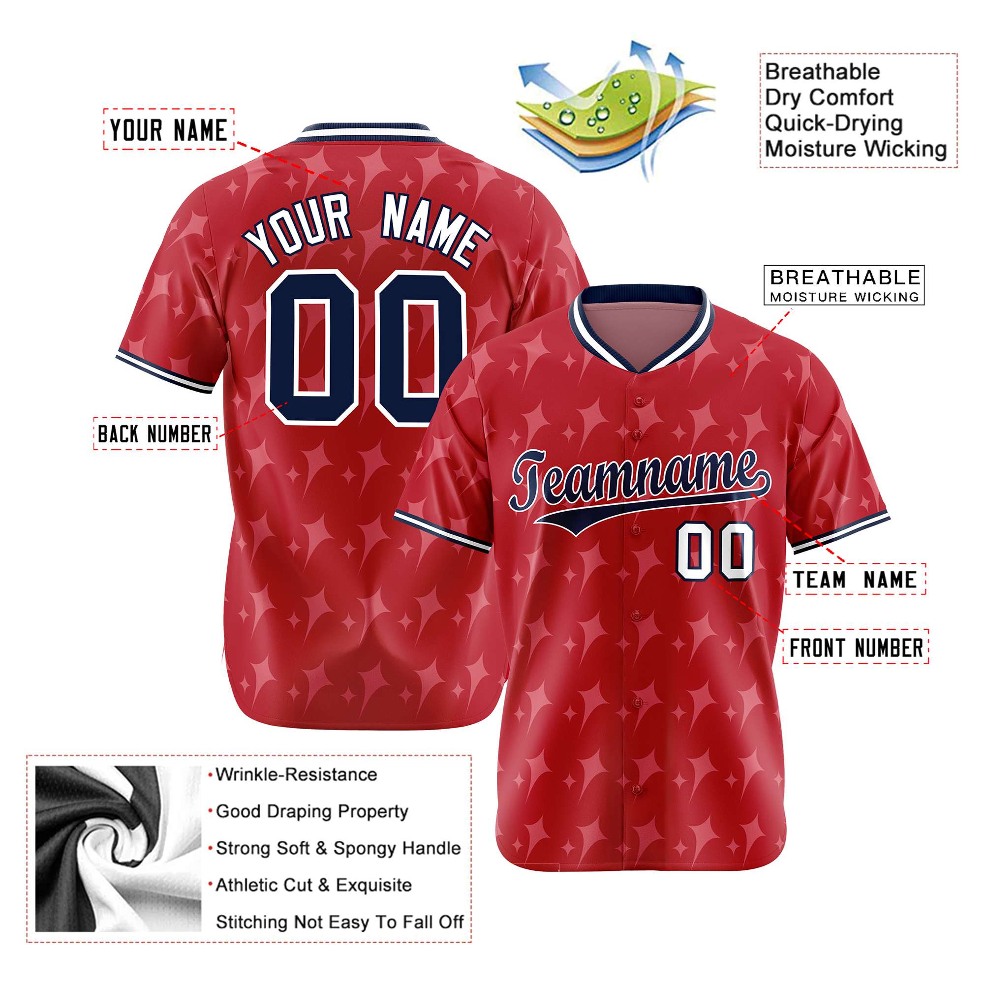 Custom Red Navy White Authentic Four Pointed Baseball Jersey