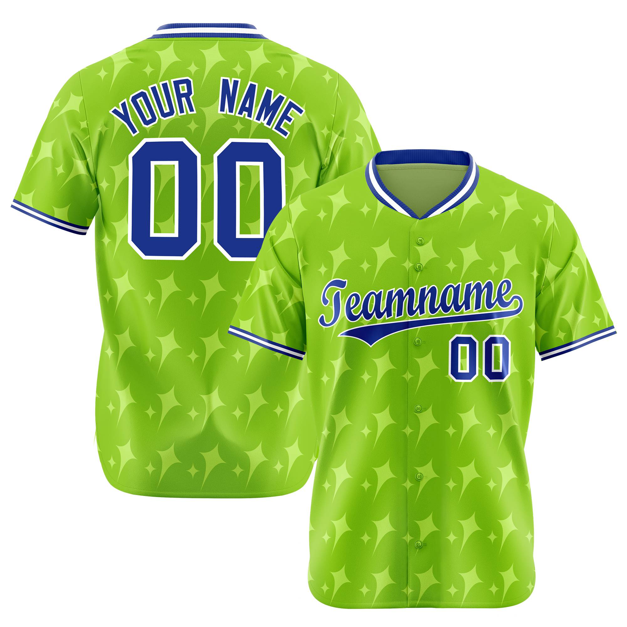 Custom Neon Green Royal Blue White Authentic Four Pointed Baseball Jersey