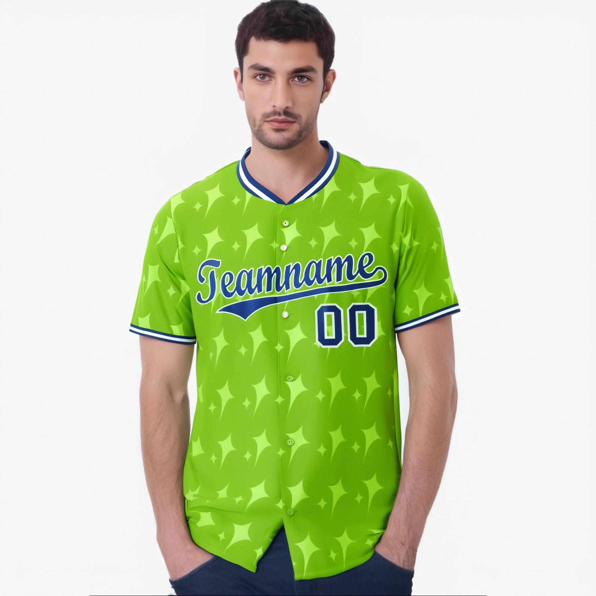 Custom Neon Green Royal Blue White Authentic Four Pointed Baseball Jersey