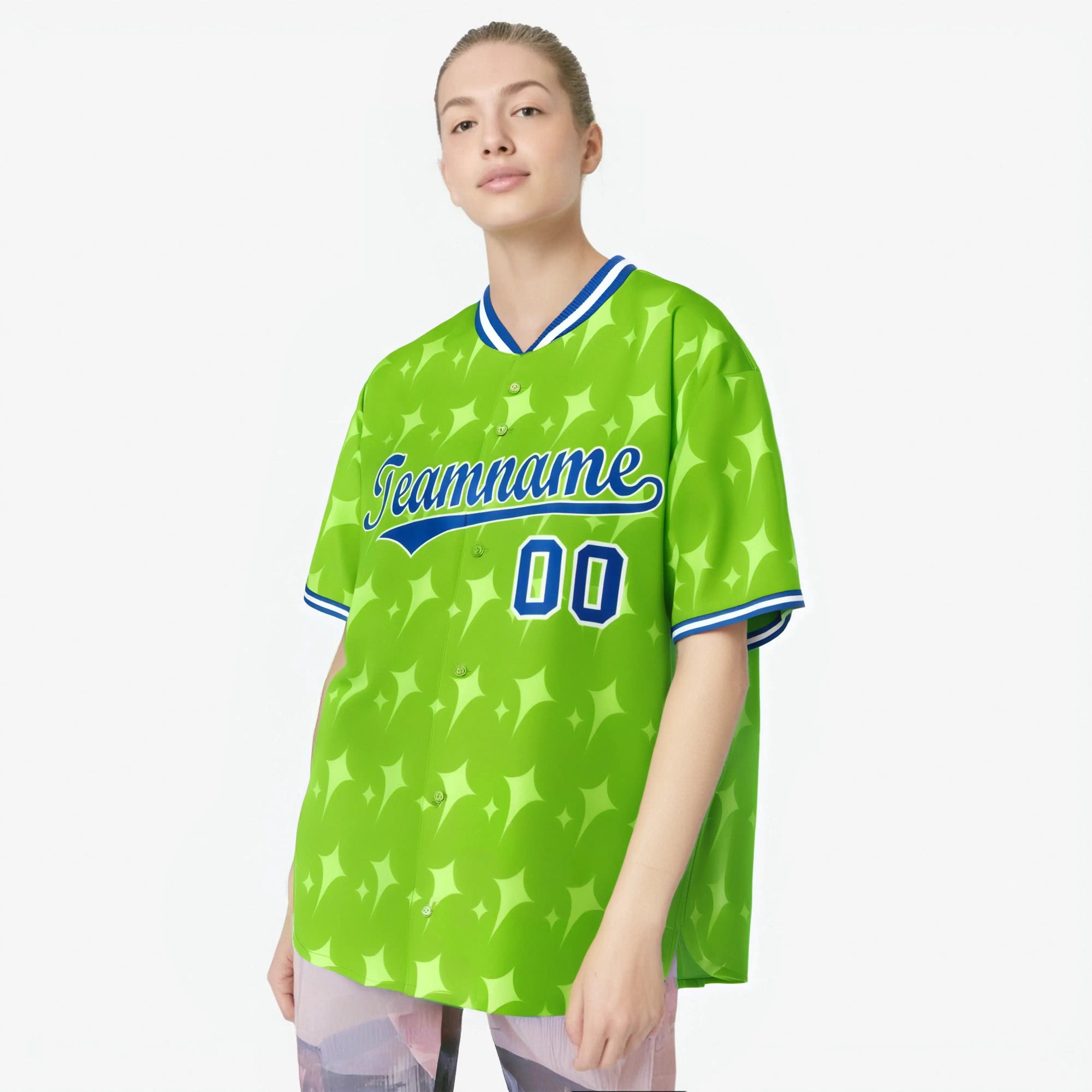 Custom Neon Green Royal Blue White Authentic Four Pointed Baseball Jersey