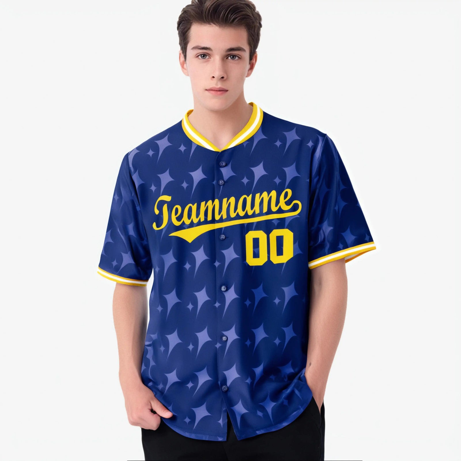 Custom Royal Blue Gold White Authentic Four Pointed Baseball Jersey