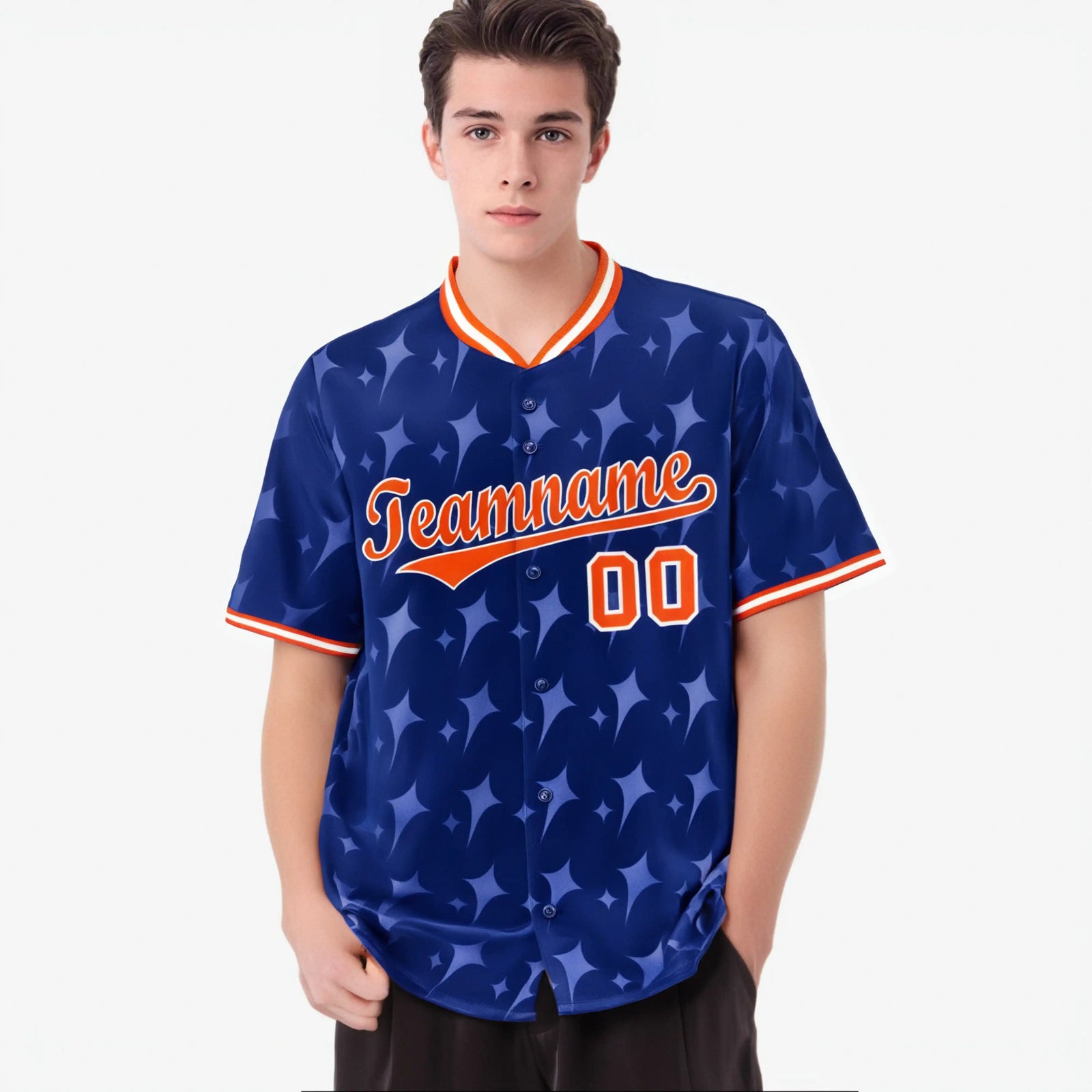 Custom Royal Blue Orange White Authentic Four Pointed Baseball Jersey