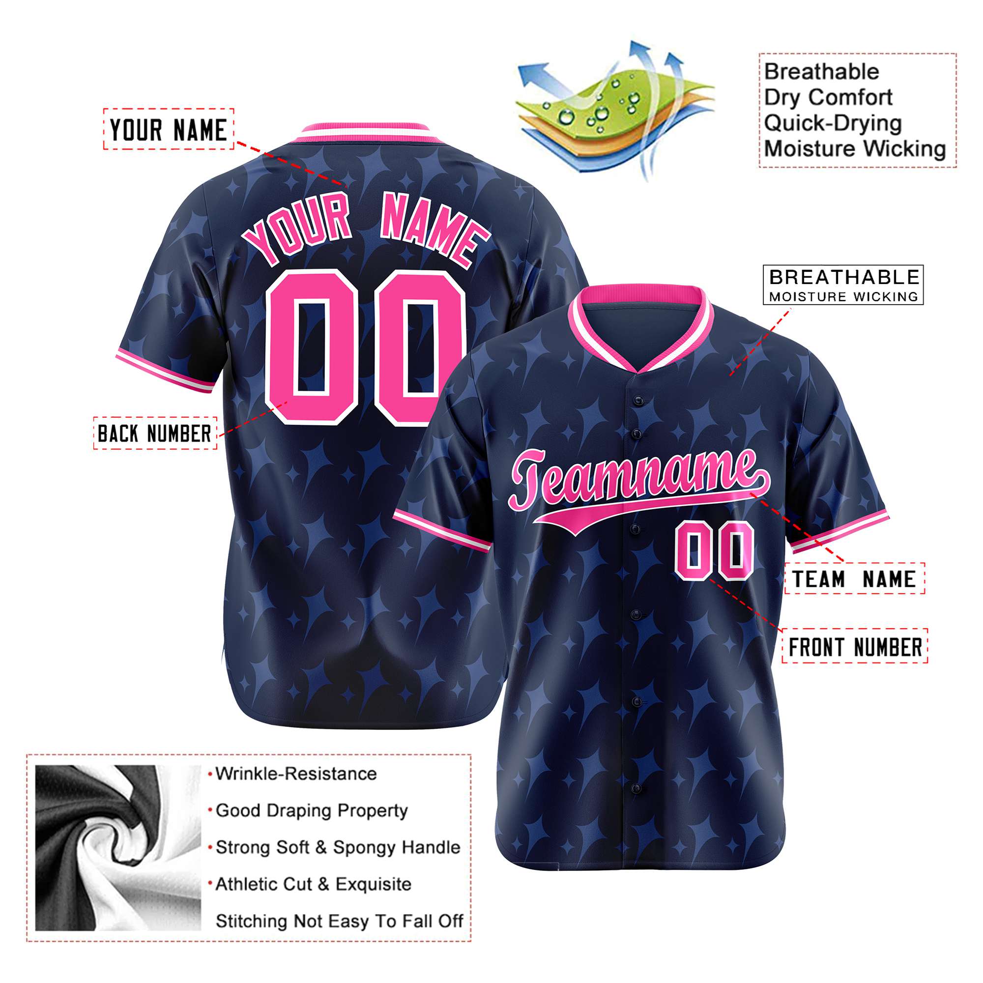 Custom Navy Pink White Authentic Four Pointed Baseball Jersey