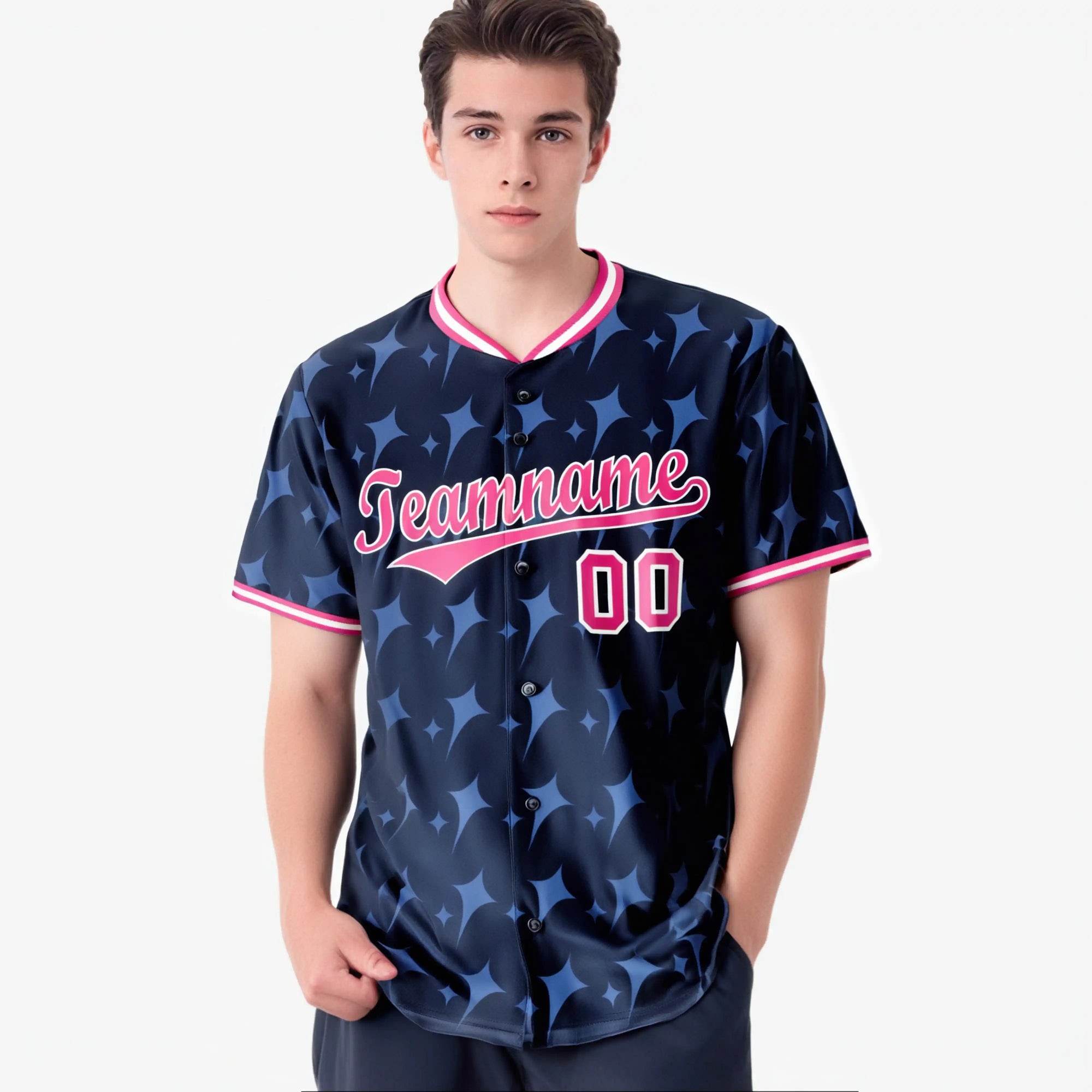 Custom Navy Pink White Authentic Four Pointed Baseball Jersey