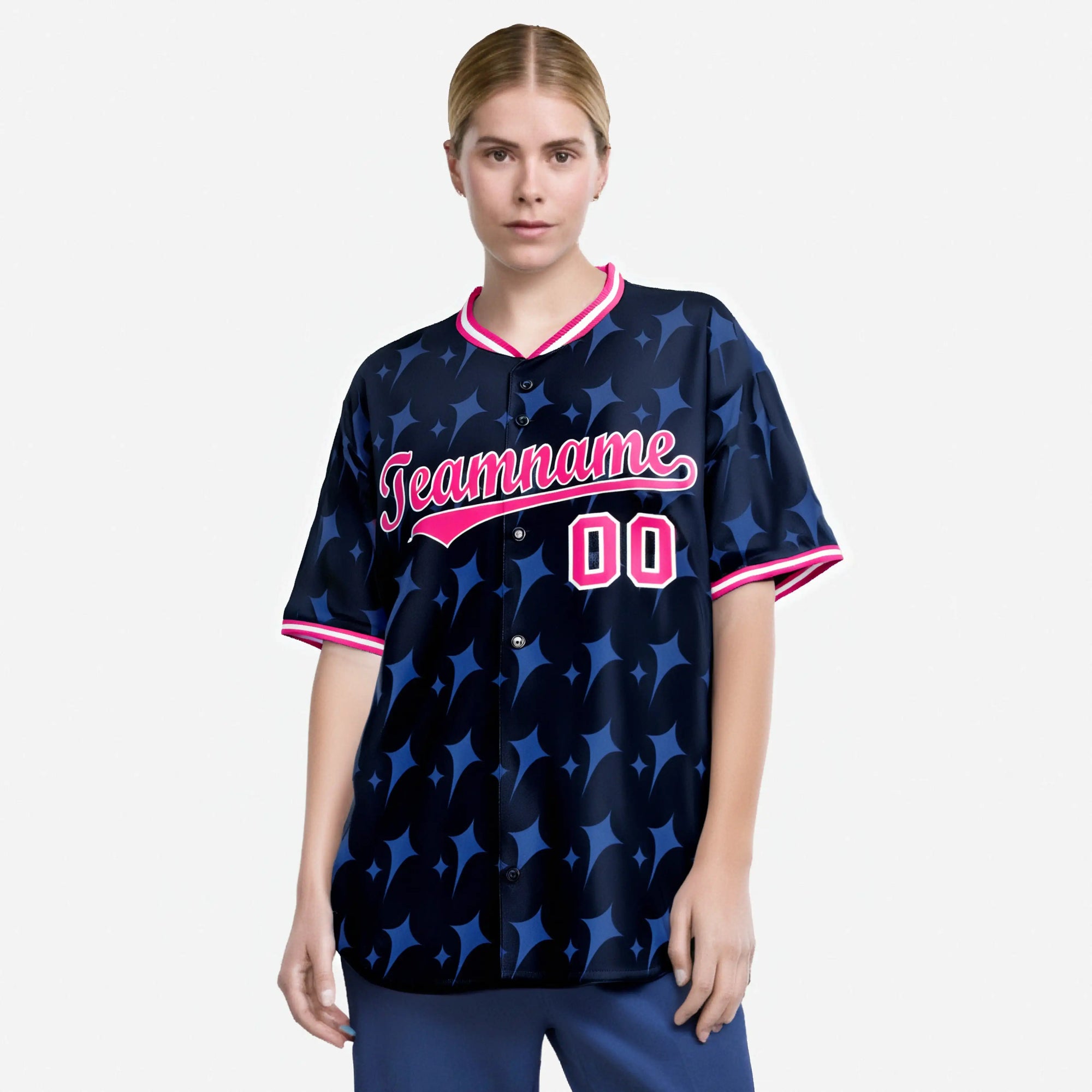 Custom Navy Pink White Authentic Four Pointed Baseball Jersey