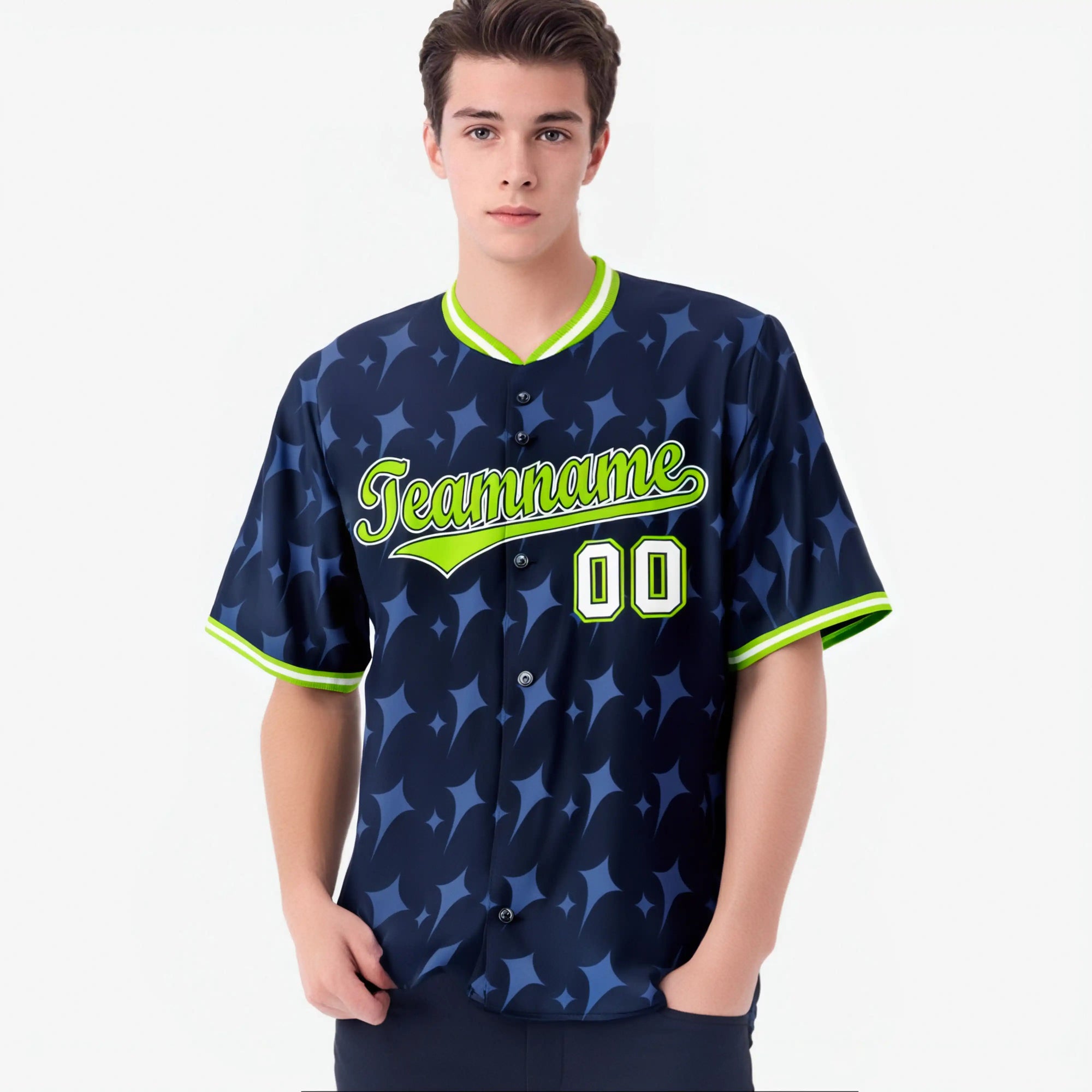 Custom Navy Neon Green White Authentic Four Pointed Baseball Jersey