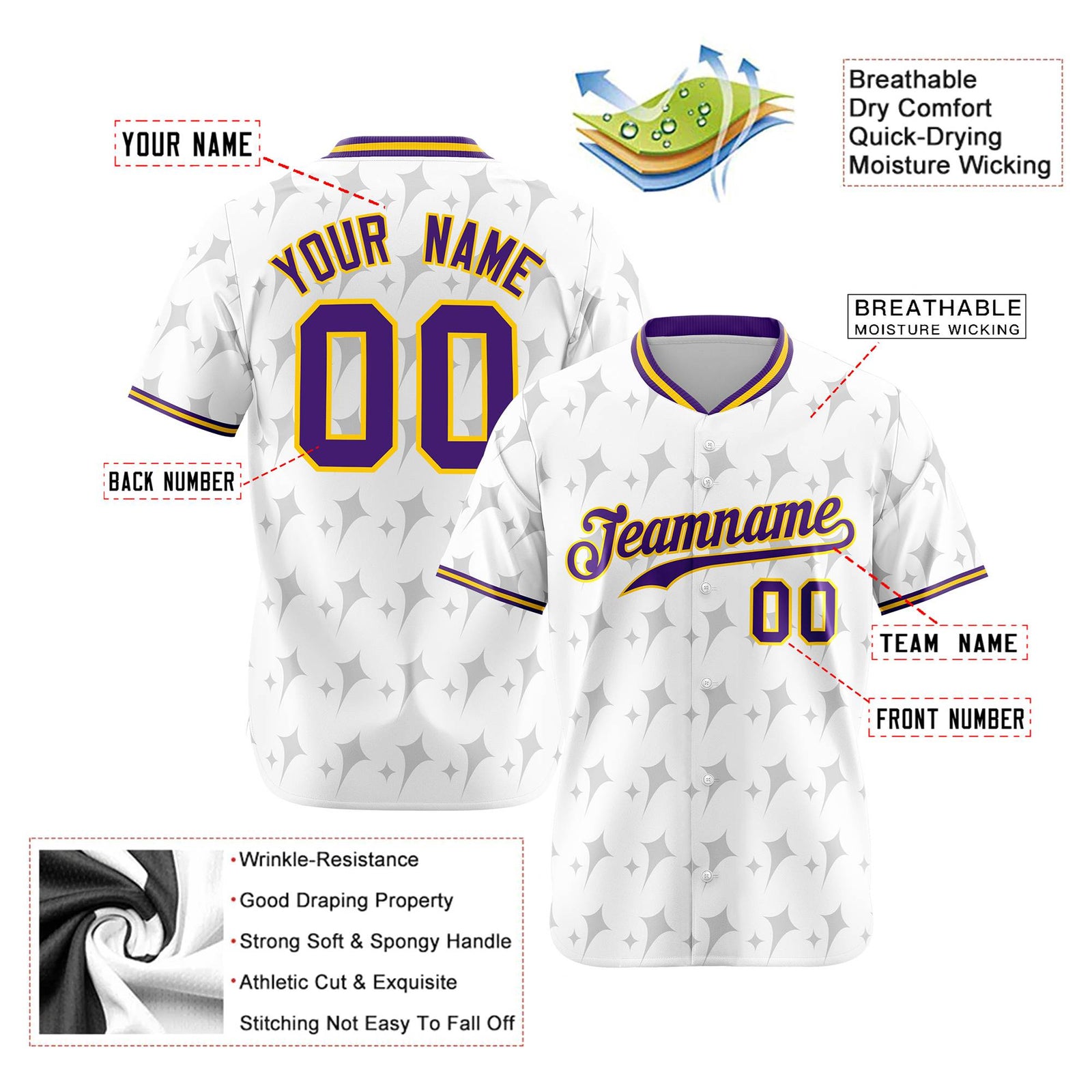 Custom White Purple Gold Authentic Four Pointed Baseball Jersey