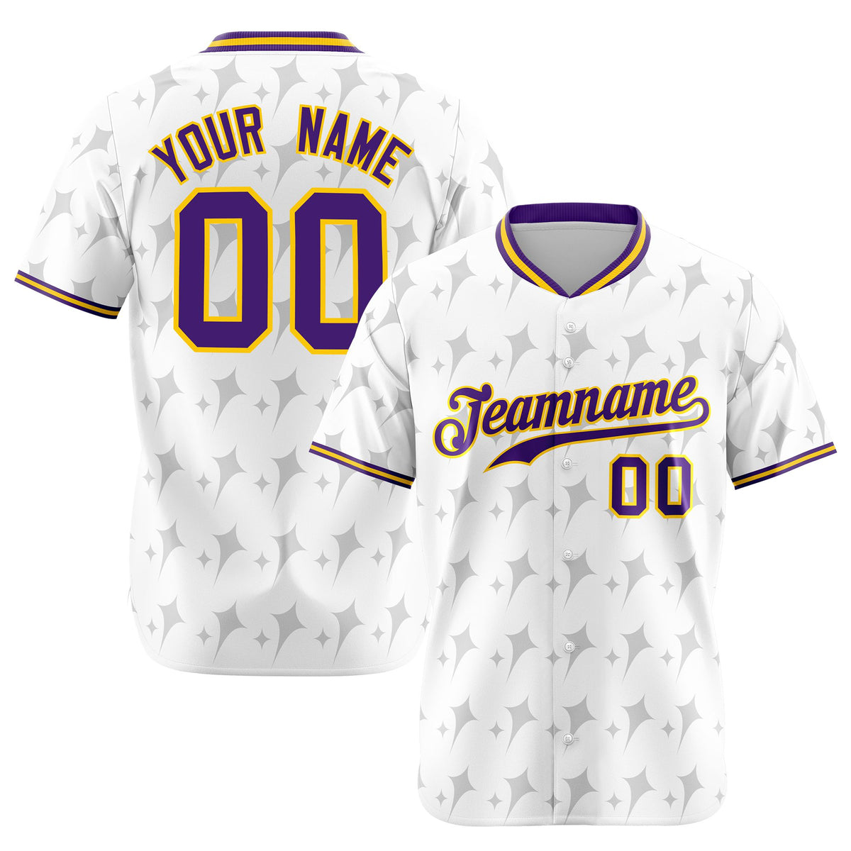 Custom White Purple Gold Authentic Four Pointed Baseball Jersey
