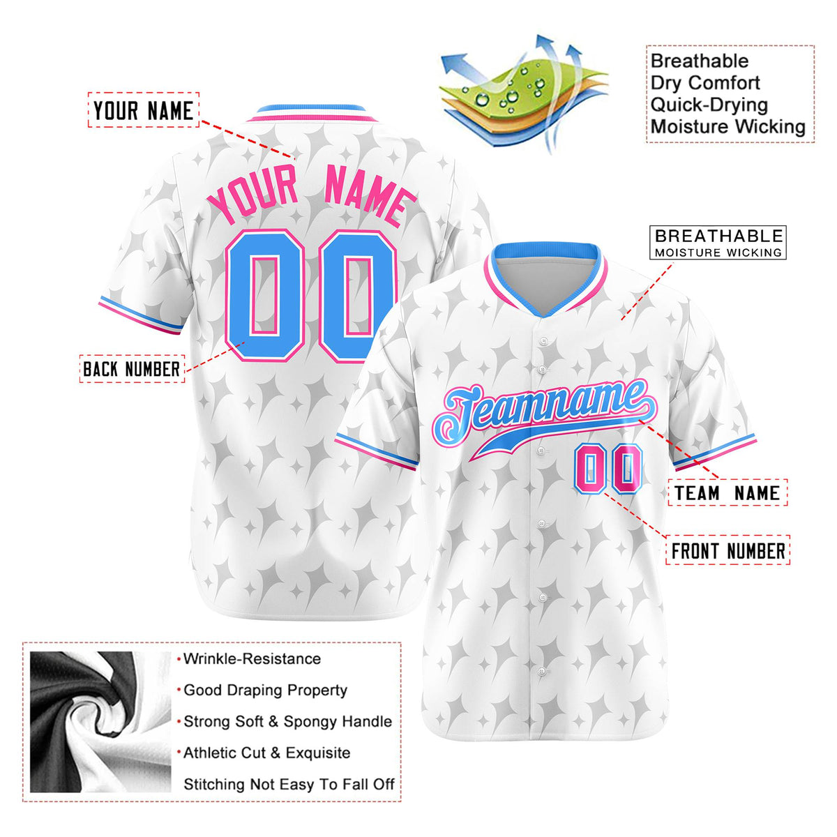 Custom White Powder Blue Pink Authentic Four Pointed Baseball Jersey