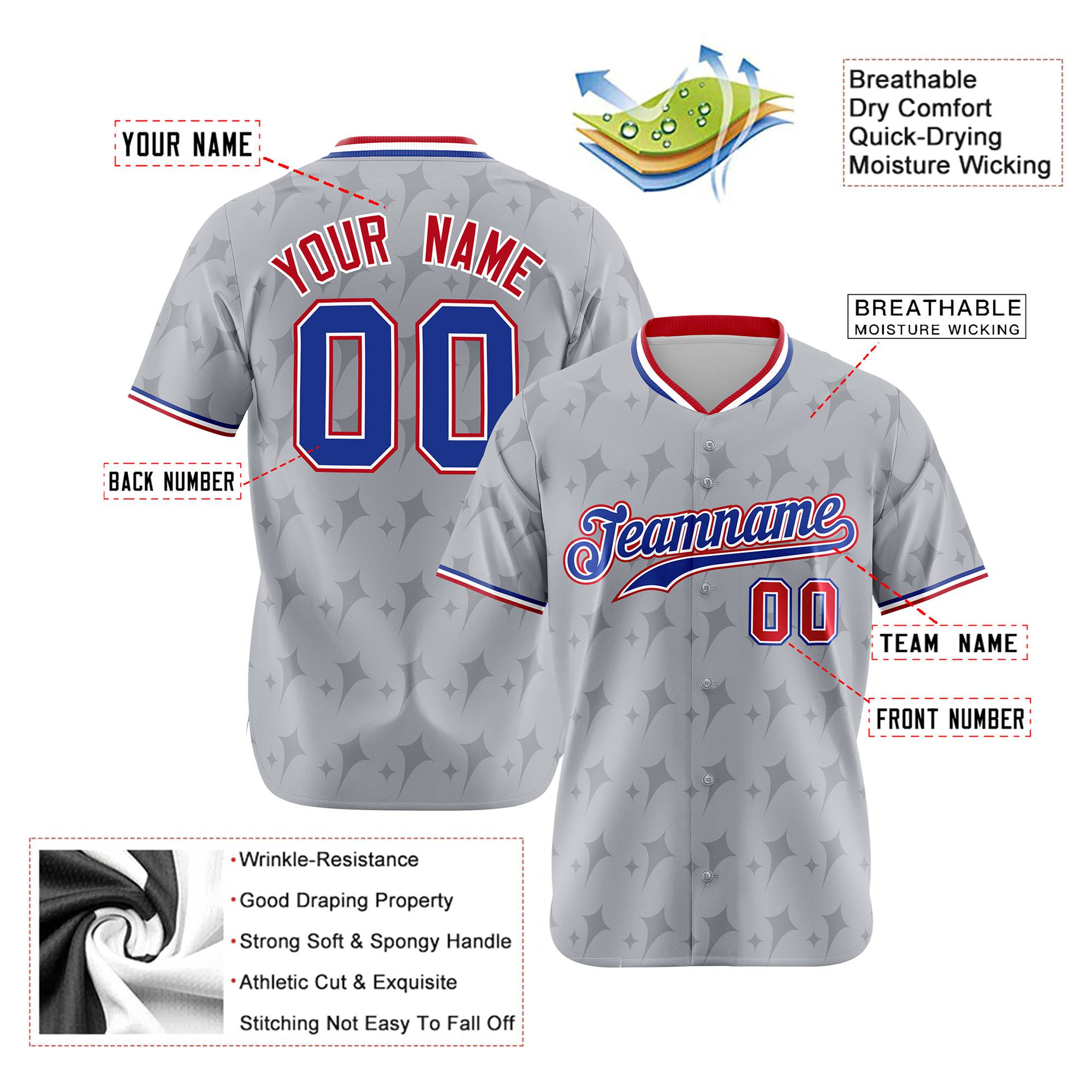 Custom Gray Royal Blue Red Authentic Four Pointed Baseball Jersey